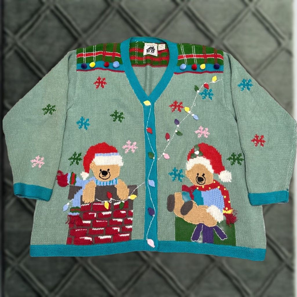 Vintage VINTAGE 90s Storybook Knits Christmas Bears Green Cardigan Sweater 3XL Women Ramie Knit Size XXL / US 16-18 / IT 52-54 - 1 Thumbnail