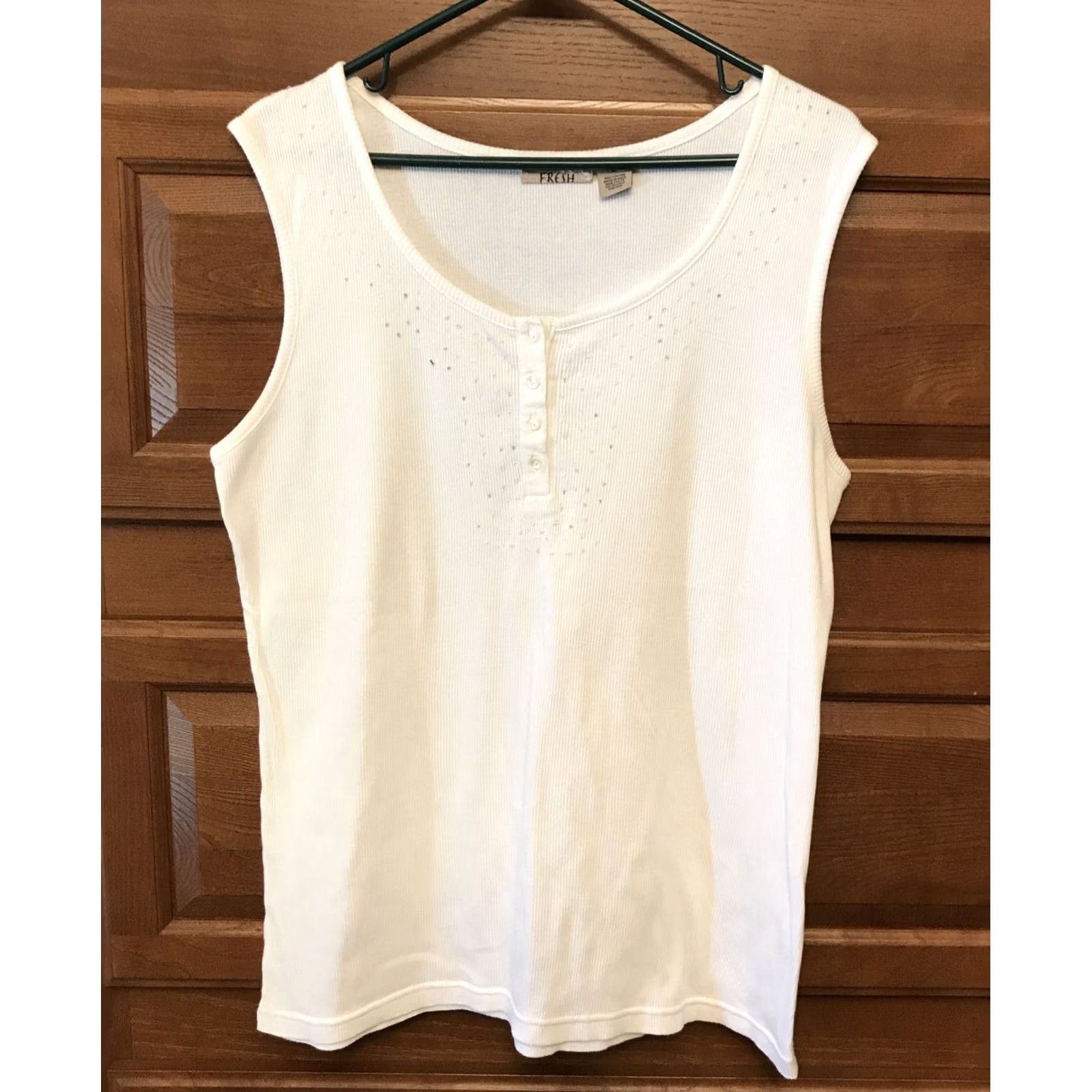 Vintage Fresh Tank Top White L Ladies Sleeveless Round Neck Beaded Button 100% Cotton Basic Size L / US 10 / IT 46 - 2 Thumbnail