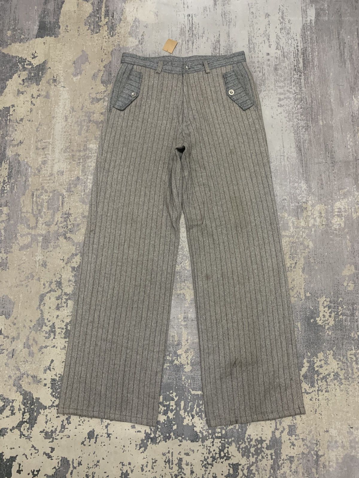 Japanese Brand Vintage 70s Striped Wide-Leg Wool Trousers Flap Pockets Size US 32 / EU 48 - 1 Thumbnail