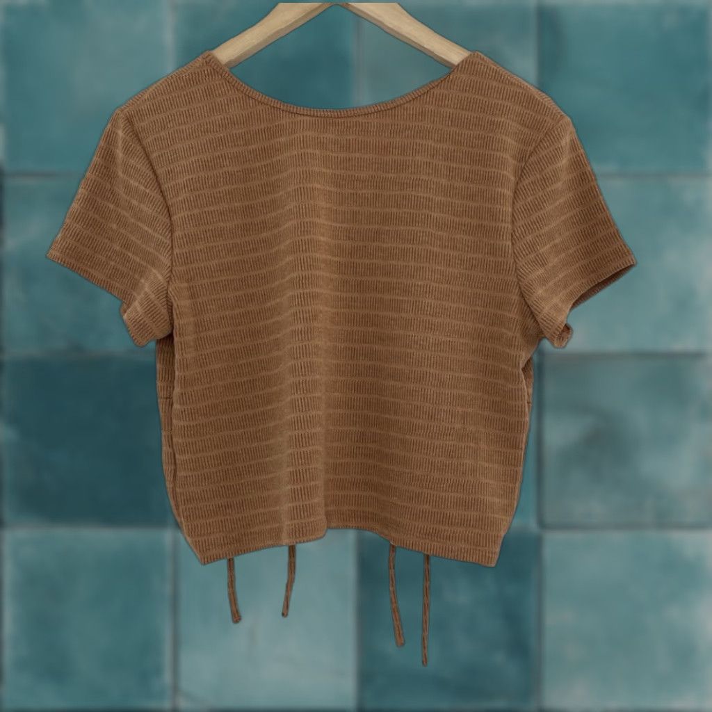 Camel SO Cropped Blouse Shirt Womens 2XL Cap Sleeve Striped Brown Boho Cropped Tie String Stretch Sleeveless? Size XXL / US 16-18 / IT 52-54 - 1 Thumbnail