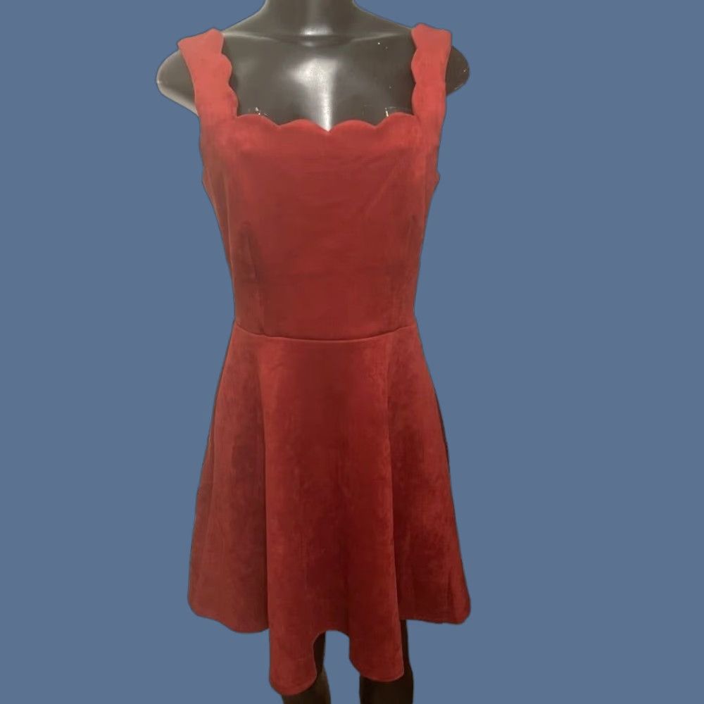Vintage Alythea Fit & Flare Sleeveless Dress Scalloped Faux Suede Stretch Orange S Womens Small Size S / US 4 / IT 40 - 1 Thumbnail