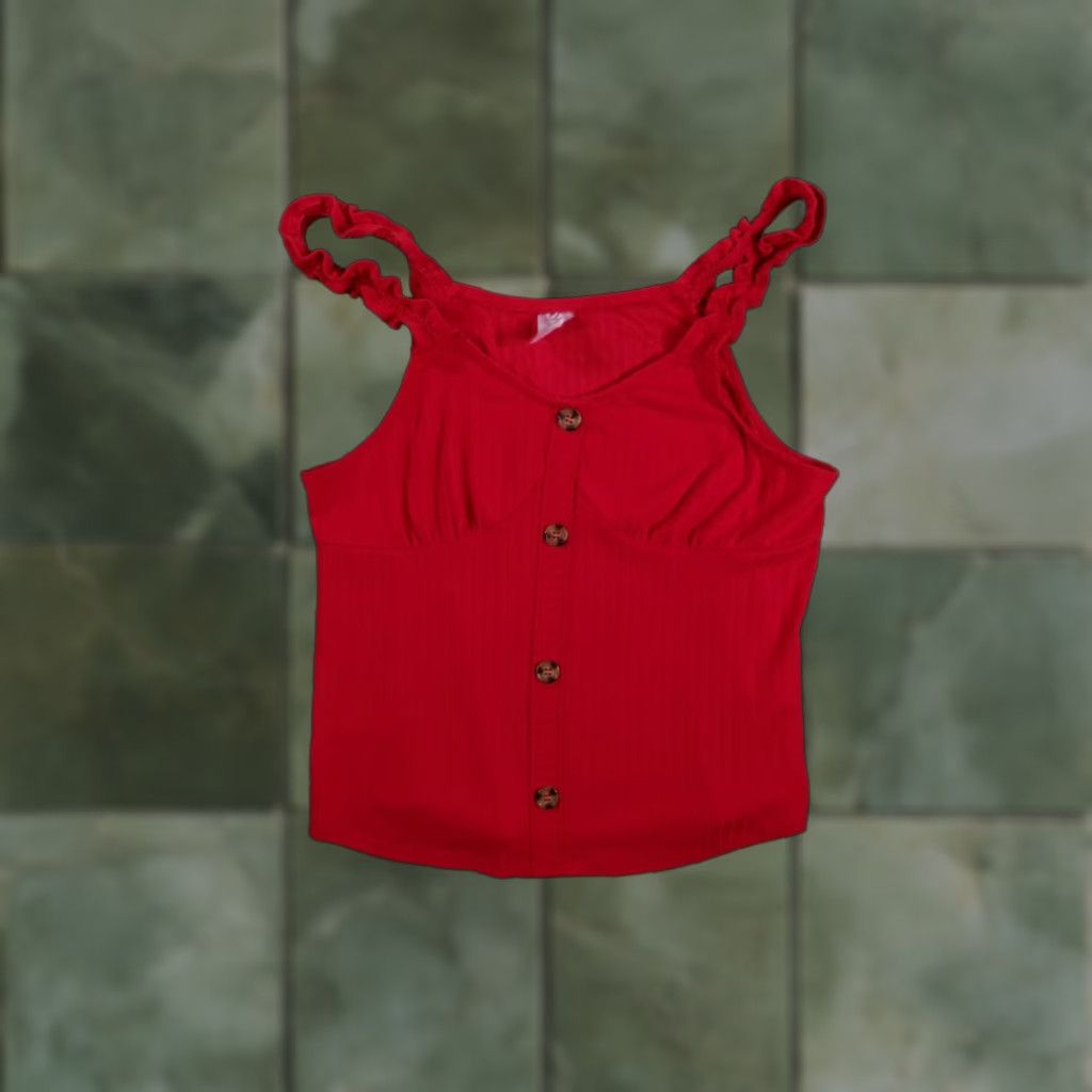Vintage No Boundaries Womens Tank Cami 2XL Red Ribbed Button Front Ruffle Straps Stretch Size XXL / US 16-18 / IT 52-54 - 1 Thumbnail