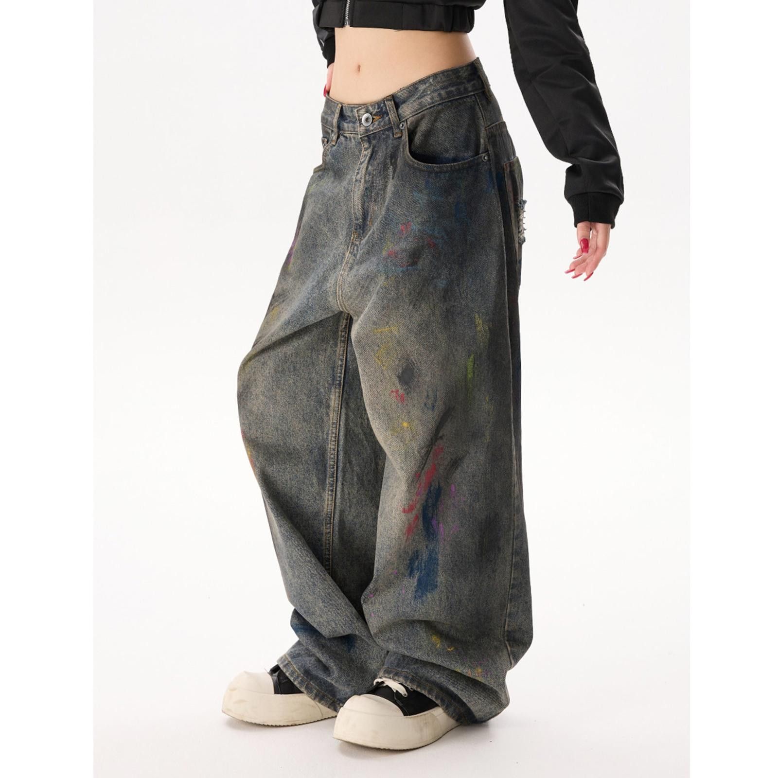 Japanese Brand Paint-Splattered Baggy Wide Leg Jeans, Oversized Denim Size 32" / US 10 / IT 46 - 2 Thumbnail