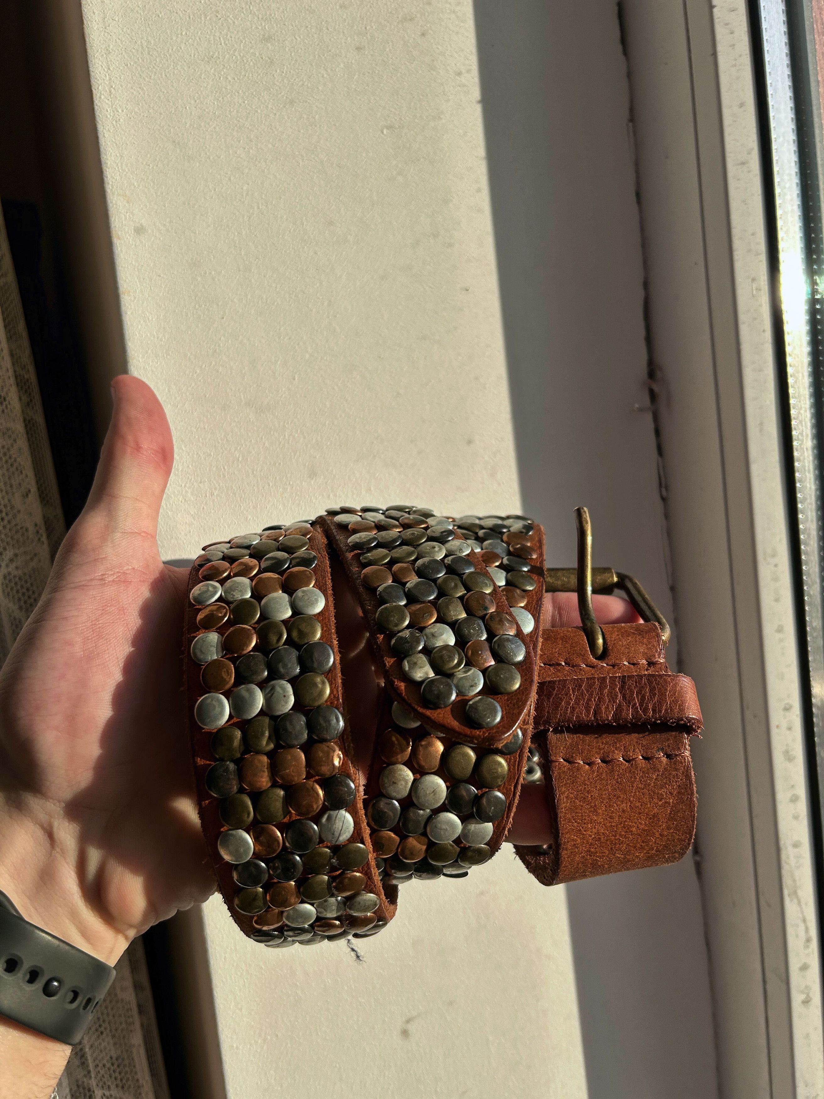 Vintage Brown Studded Leather Belt Heavy Punk Rock Vintage Style Size ONE SIZE - 3 Thumbnail