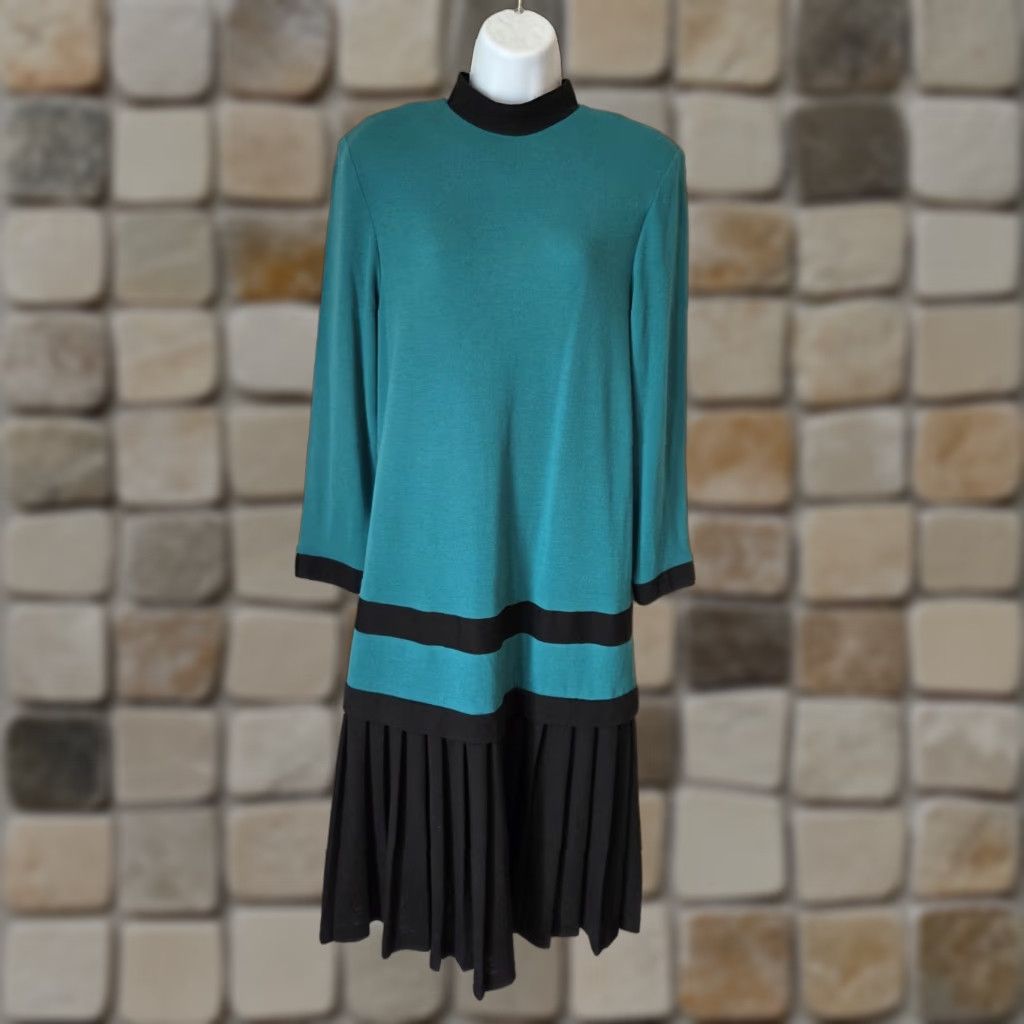 Altea VINTAGE 80s Caron Petite Teal Black New Wave Drop Waist Midi Dress Size 8 Size M / US 6-8 / IT 42-44 - 1 Thumbnail