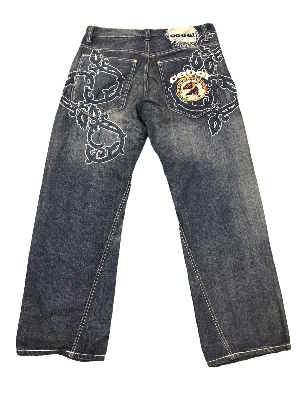 Image of Crazy Affliction Style Coogi Y2K Embroidery Jeans in Indigo, Men's (Size 38)