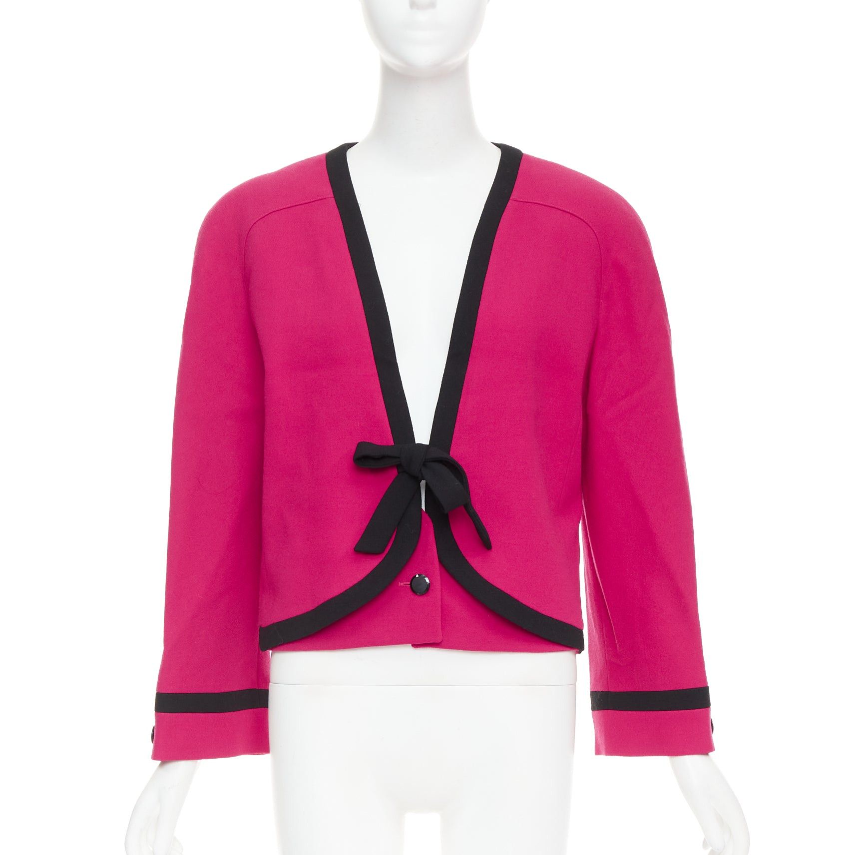 Valentino VALENTINO Vintage Miss V 1980's fuschia wool black trim bow front cropped blazer IT44 L Size M / US 6-8 / IT 42-44 - 1 Thumbnail