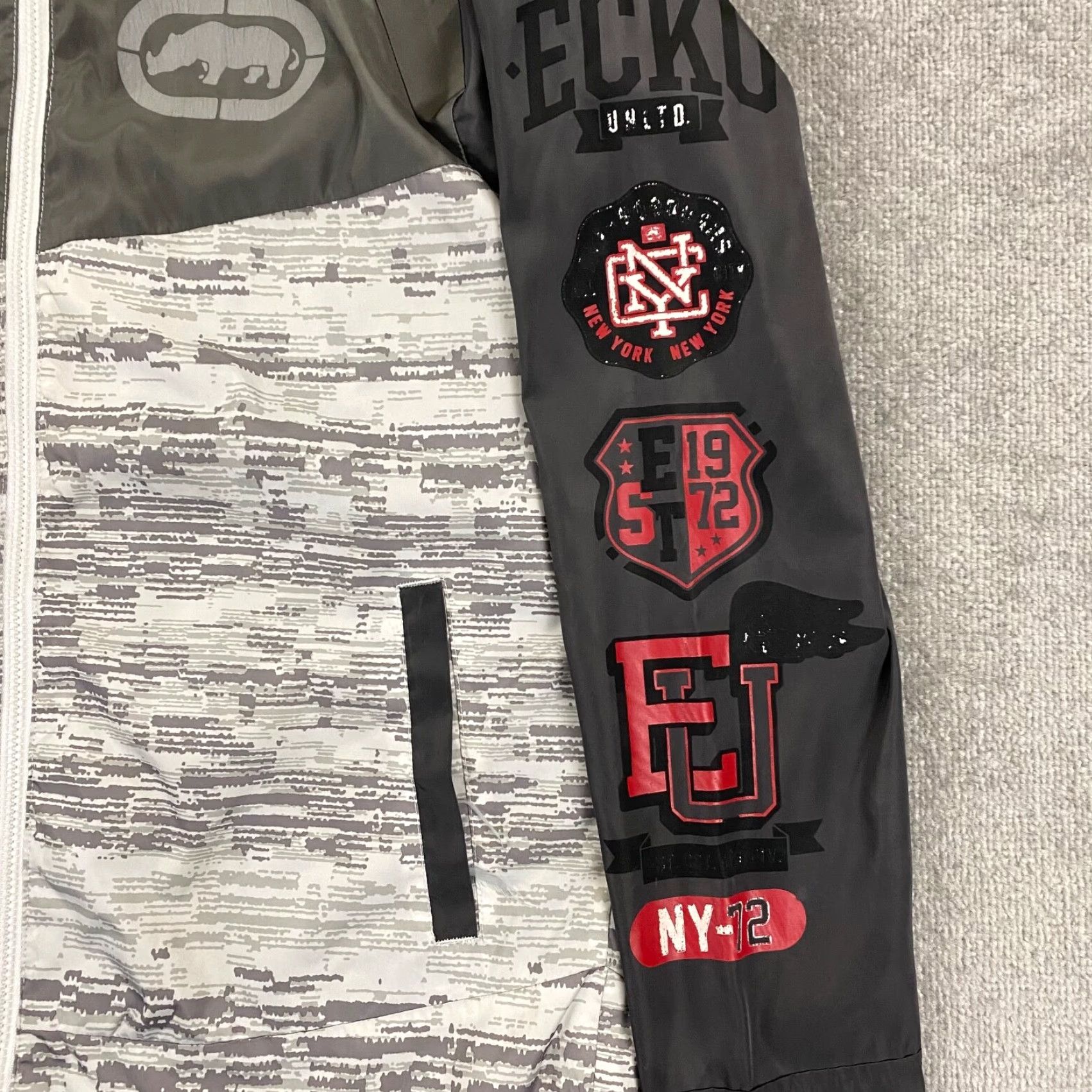 Ecko Unltd. ECKO UNLTD Jacket Men Medium Gray Camouflage Hooded Windbreaker Y2K Skater Rhino Jacket Size US M / EU 48-50 / 2 - 3 Thumbnail
