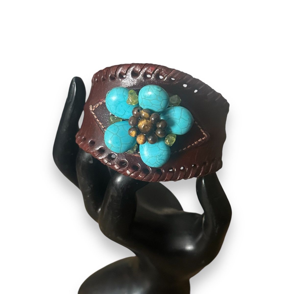 Other Boho turquoise flower wide leather cuff bracelet Size ONE SIZE - 7 Thumbnail