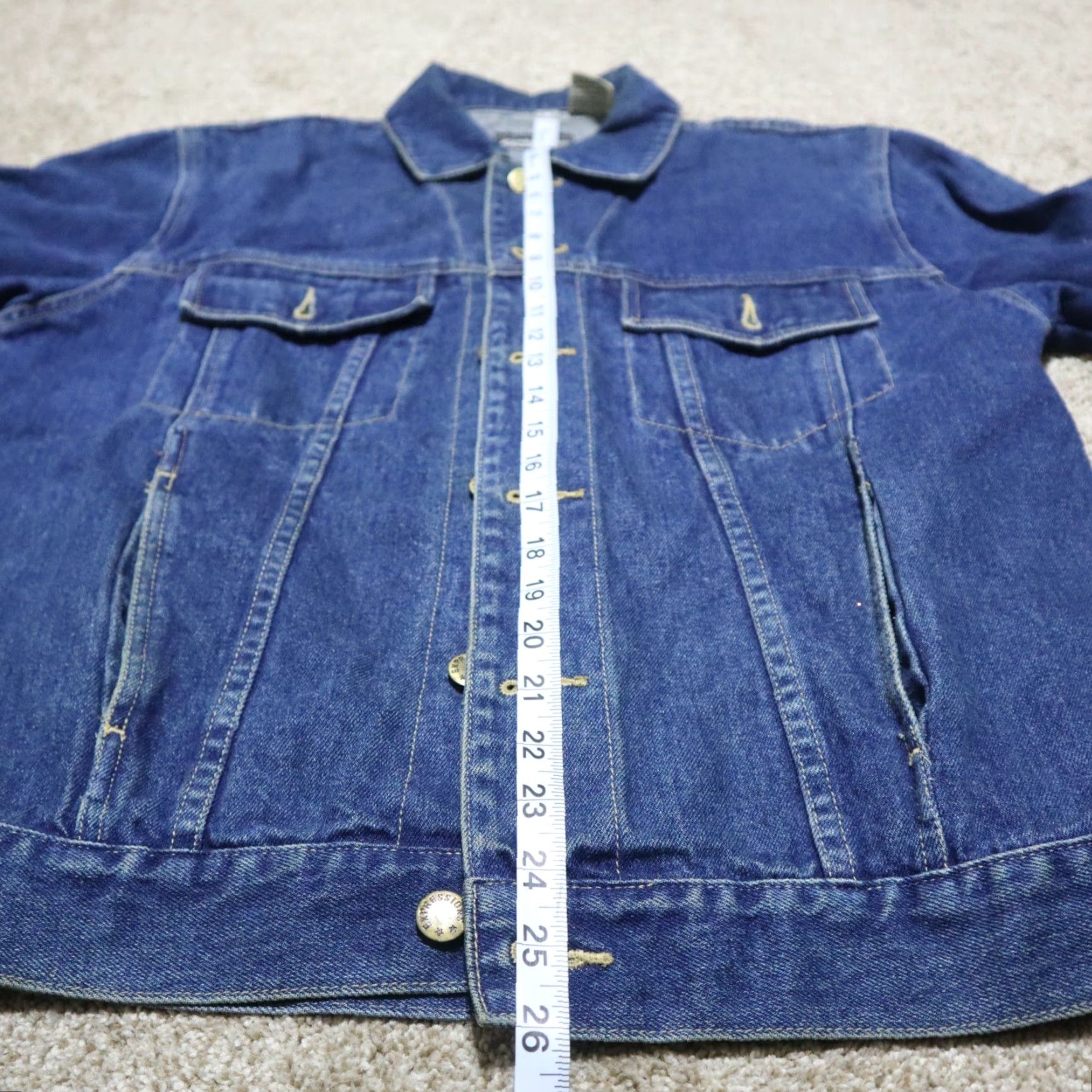 Vintage Expressions Denim Jacket Blue Jean Button Down Two Breast Pockets Leather Collar & Accents Mens Size M Vintage Classic Jean Jacket Size US 31 - 7 Thumbnail