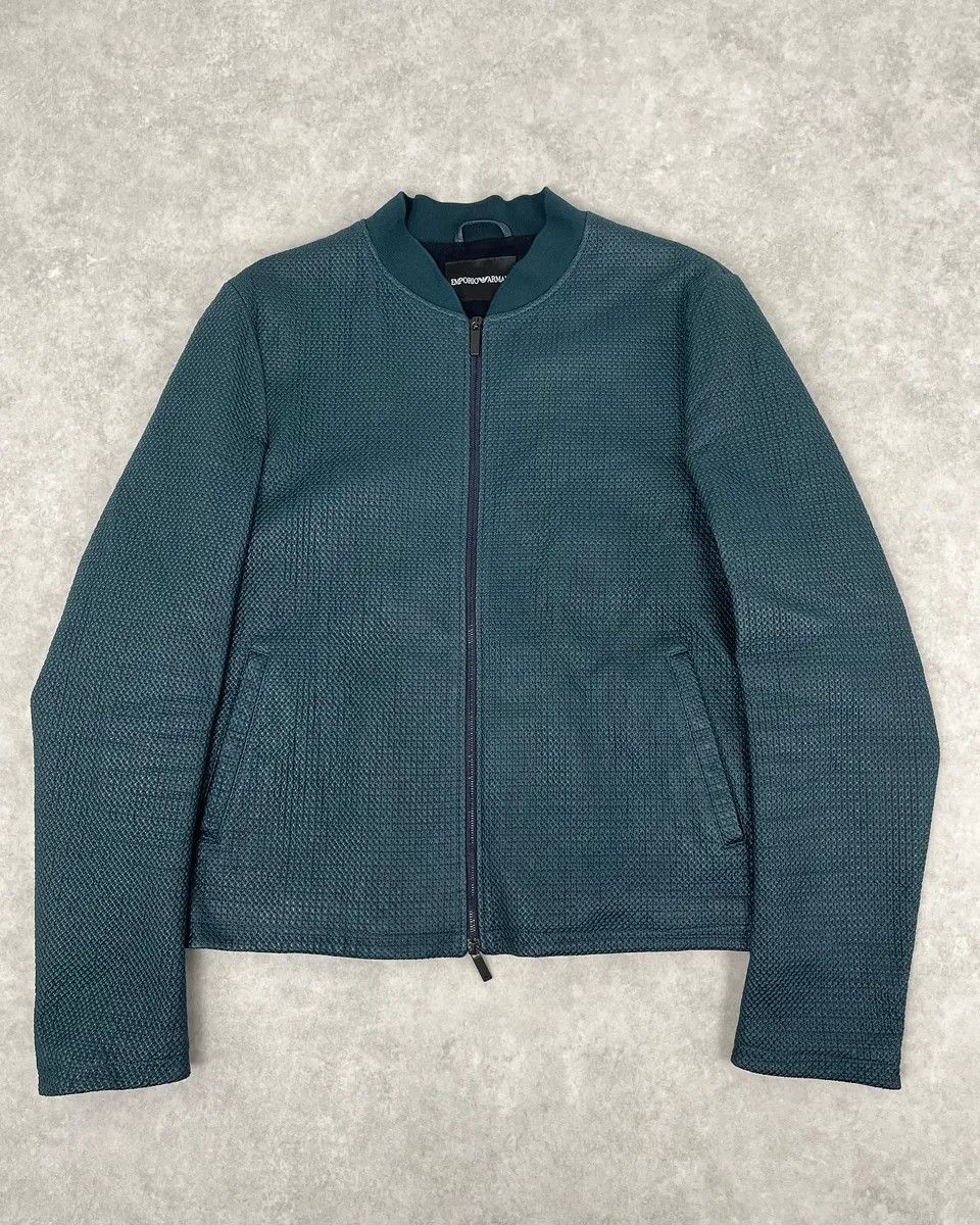 Emporio Armani SS2015 Emporio Armani Green Waffled Leather Biker Jacket Size US M / EU 48-50 / 2 - 1 Thumbnail