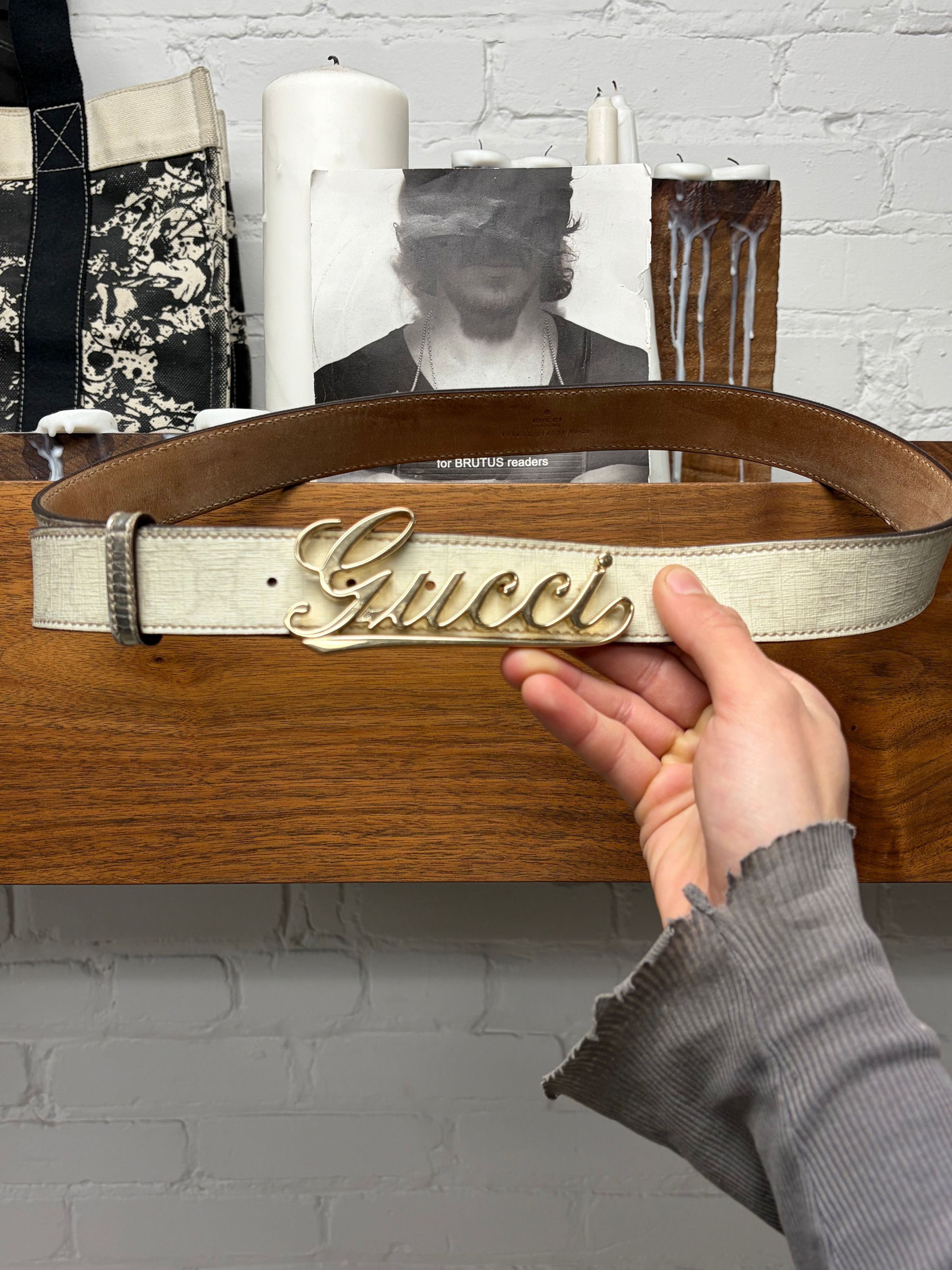 Gucci 2000s Gucci ‘Cursive Script’ GoldWhite Monogram Leather Belt Size ONE SIZE - 1 Thumbnail