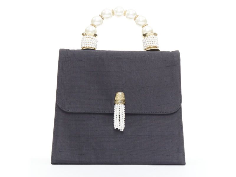 Moschino MOSCHINO 1990s Vintage black raw silk pearl gold handle tassel flap top handle bag Size ONE SIZE - 1 Thumbnail