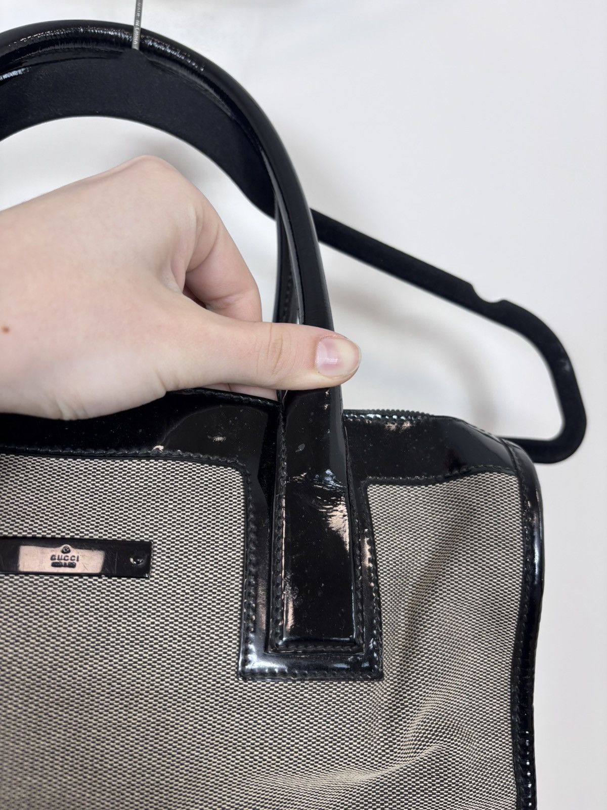 Gucci Gucci Canvas Patent Leather Gray Black Shoulder Handle Bag Size ONE SIZE - 5 Thumbnail