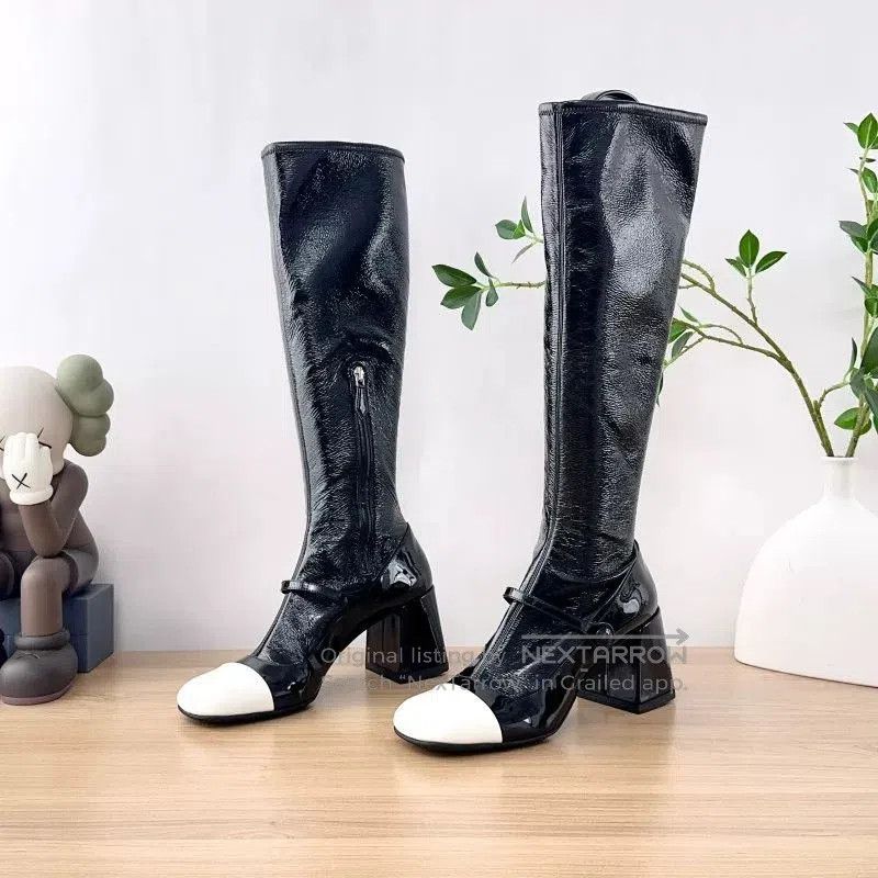 Miu Miu MiuMiu Black White Patent Leather Knee. Size US 8 / IT 38 - 1 Thumbnail