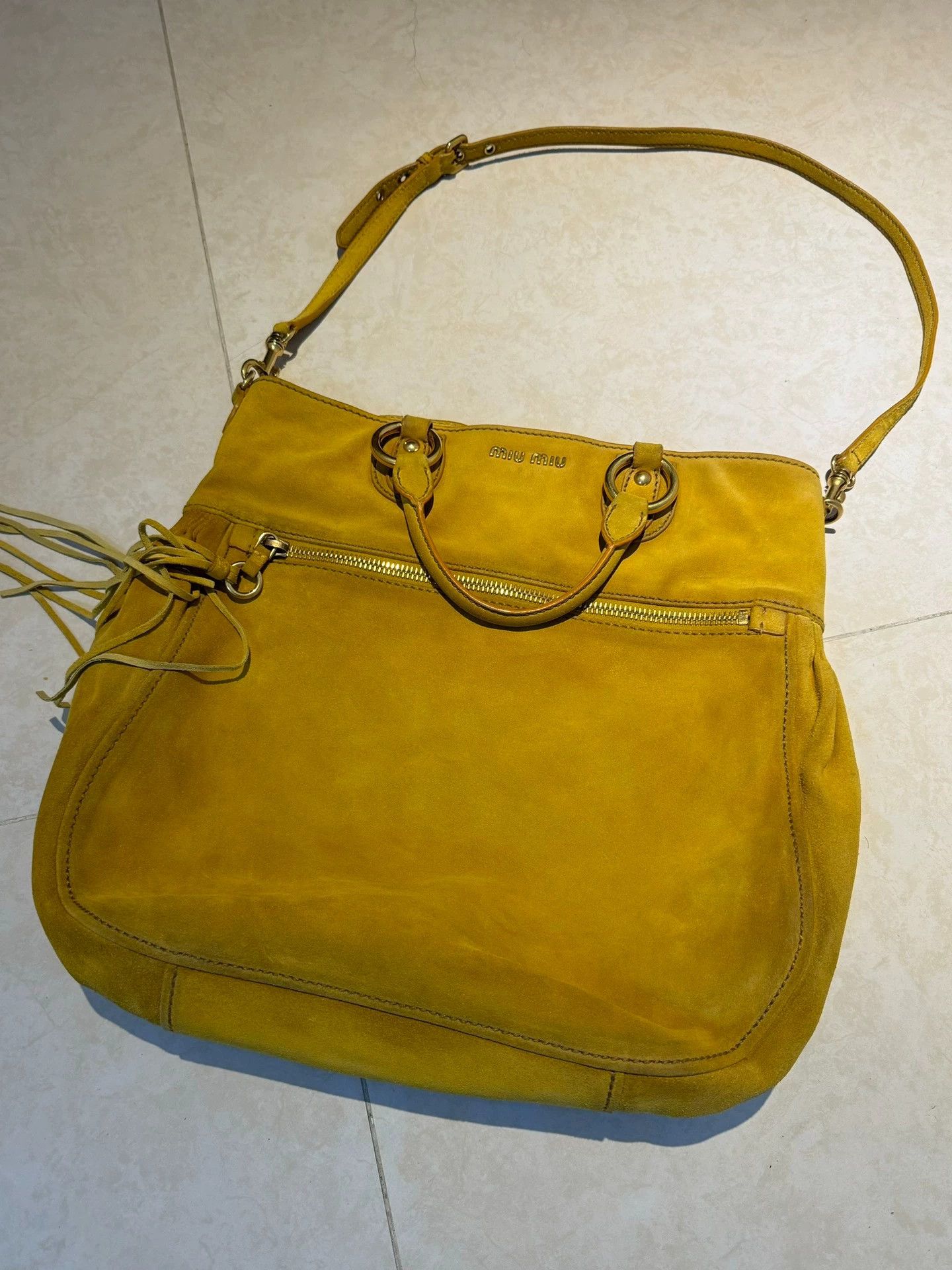 Prada MIU MIU Tassel Suede Crossbody Bag Glace Calf Khaki/Gold Size ONE SIZE - 1 Thumbnail