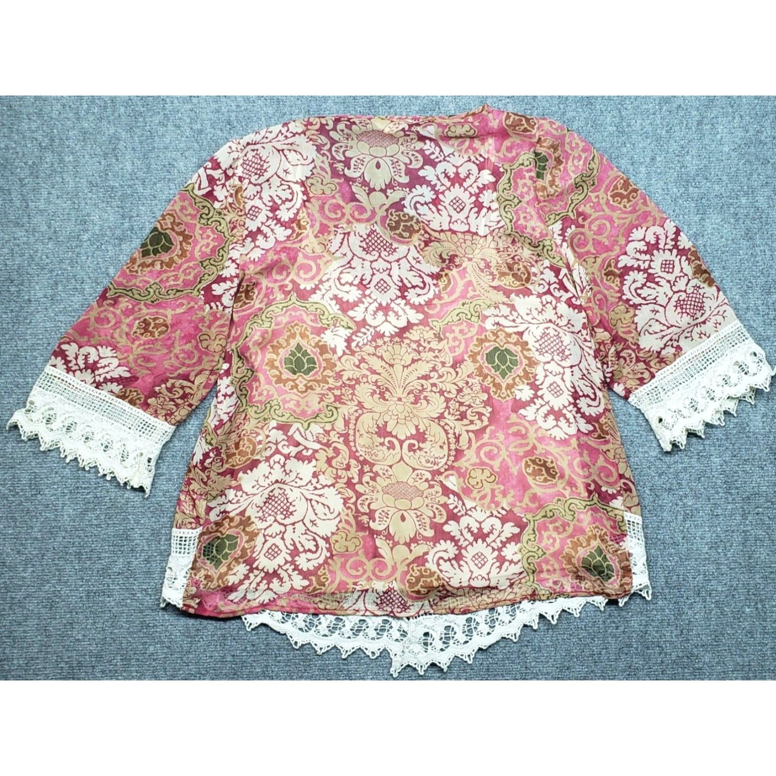 Pinko Adiva Blouse Womens L Pink Gold Floral V-Neck Polyester Lace 3/4 Sleeve Button Size L / US 10 / IT 46 - 4 Thumbnail