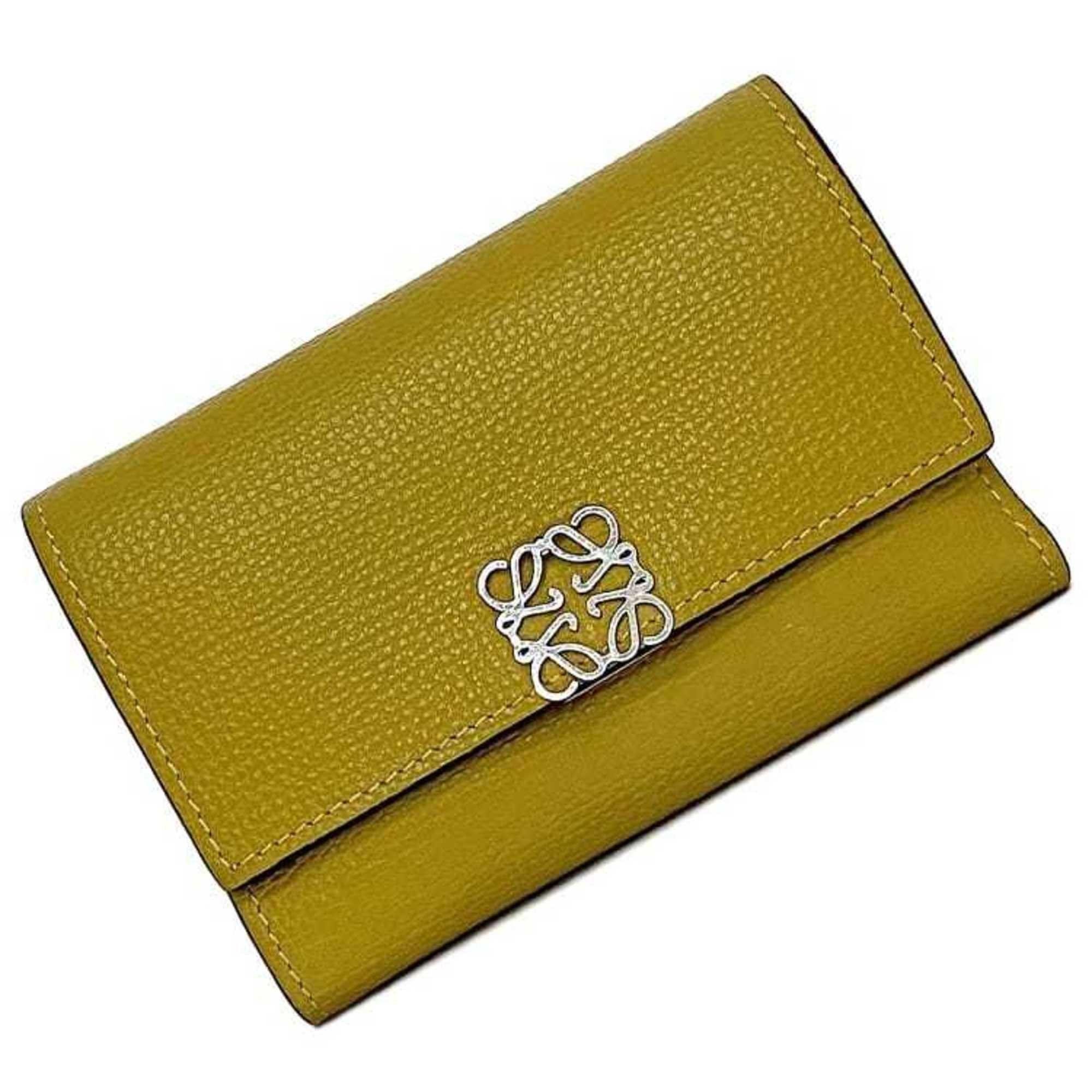 image of Loewe Tri-Fold Wallet Small Vertical Yellow Khaki Anagram Leather Compact Grained Women's in Green