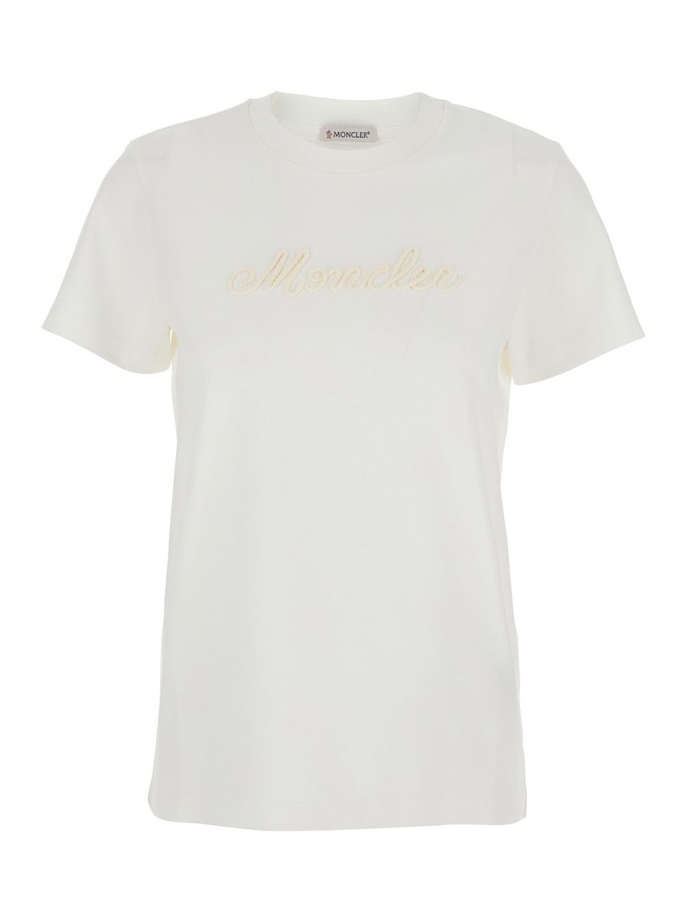 Moncler White Crew Neck T-Shirt with Logo Lettering Embroidery on the Front in Cotton for Women Size L / US 10 / IT 46 - 1 Thumbnail