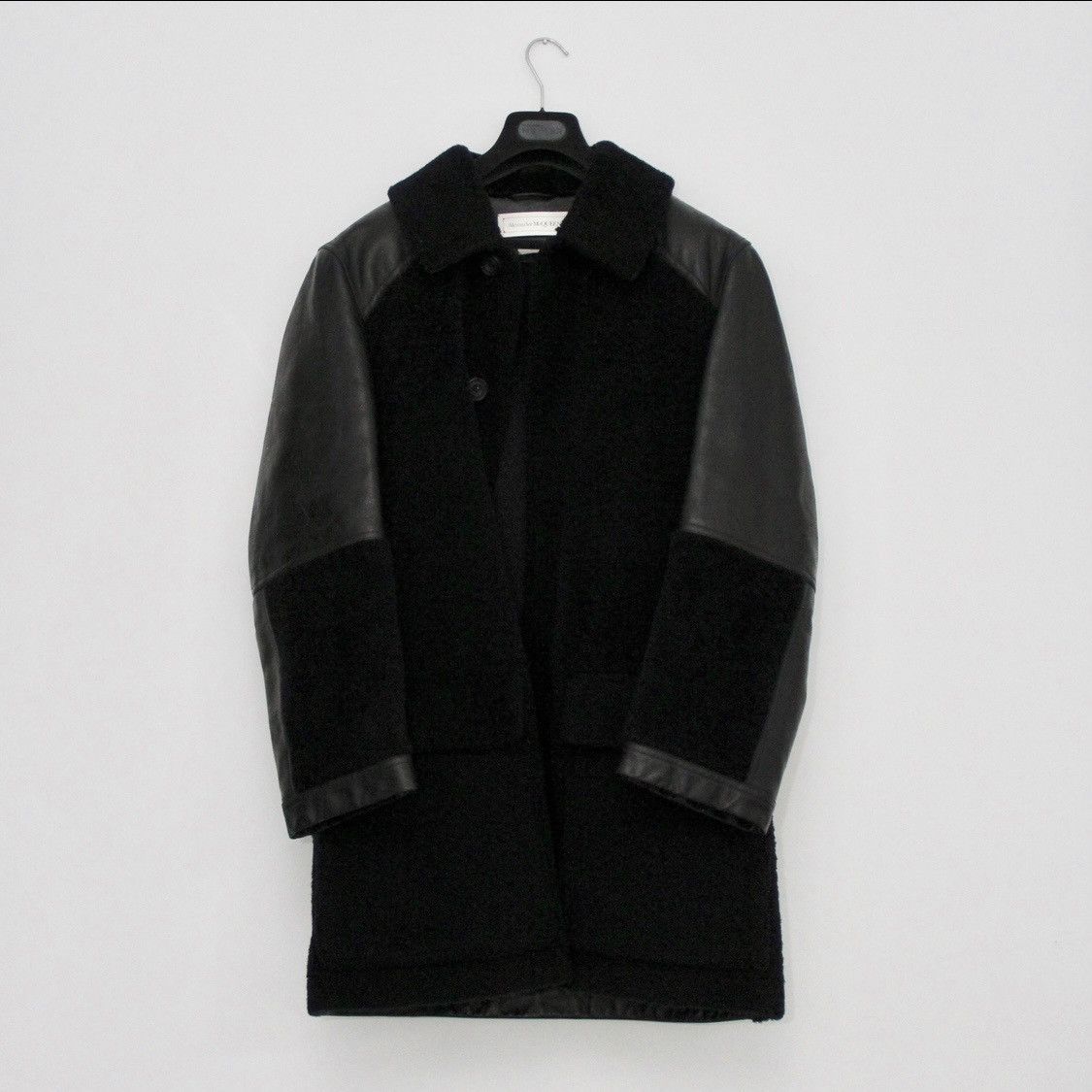 image of Alexander Mcqueen Shearling Leather Panel Coat in Navy, Men's (Size Large)