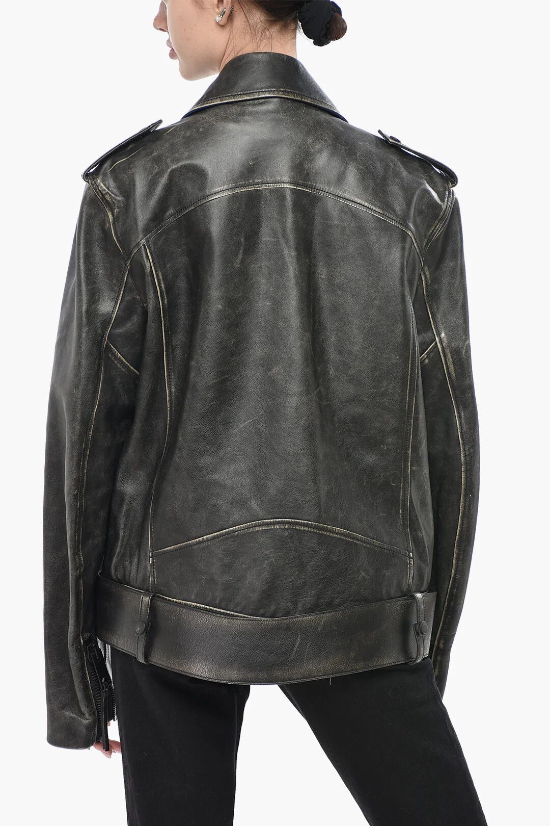Off-White og1mm0426 Vintage-Effect Leather Biker Jacket in Grey Size M / US 6-8 / IT 42-44 - 2 Thumbnail