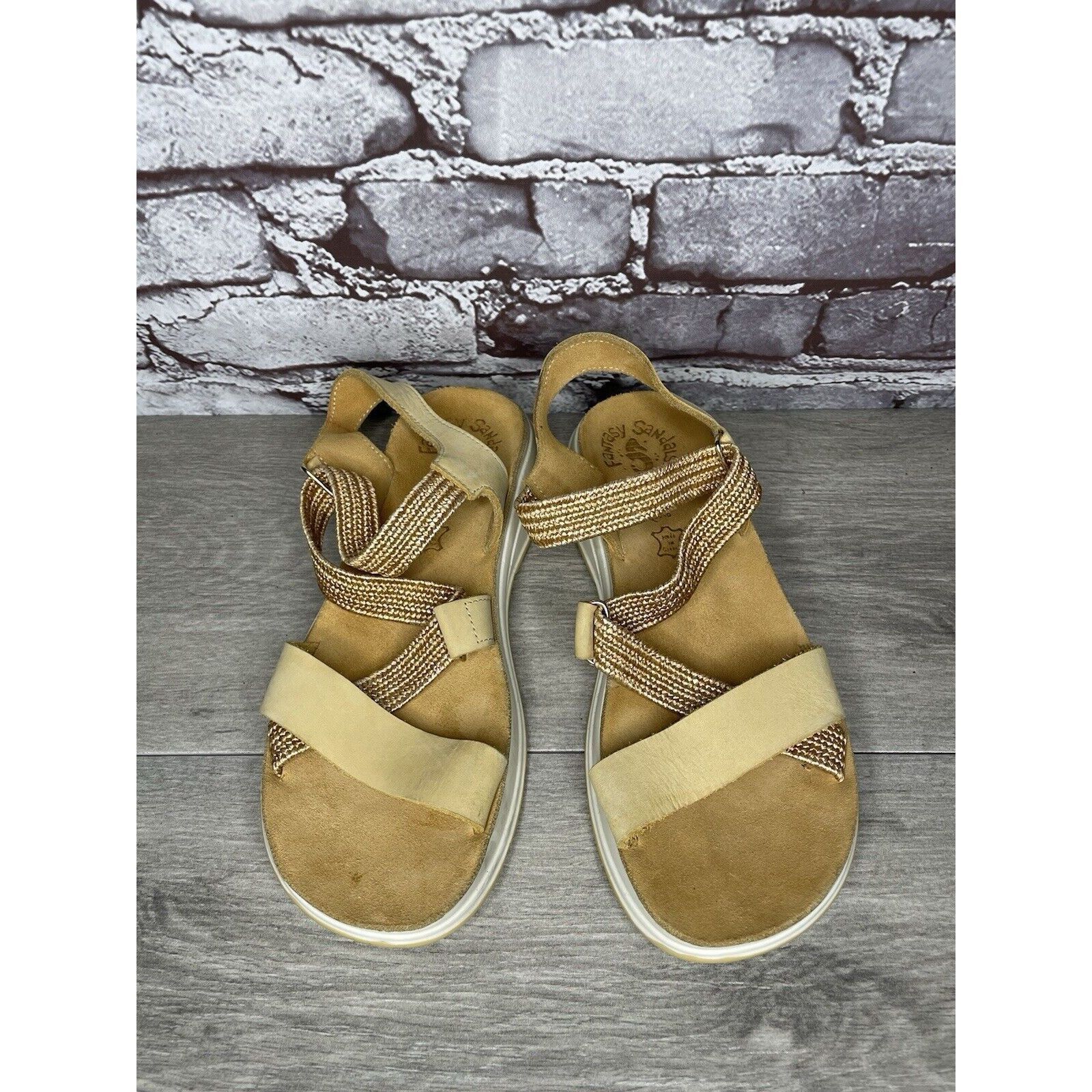 Other Fantasy Sandals Tan Nubuck Fabric Cross Strap Wedge Flex Sol Size US 8.5 / IT 38.5 - 2 Thumbnail