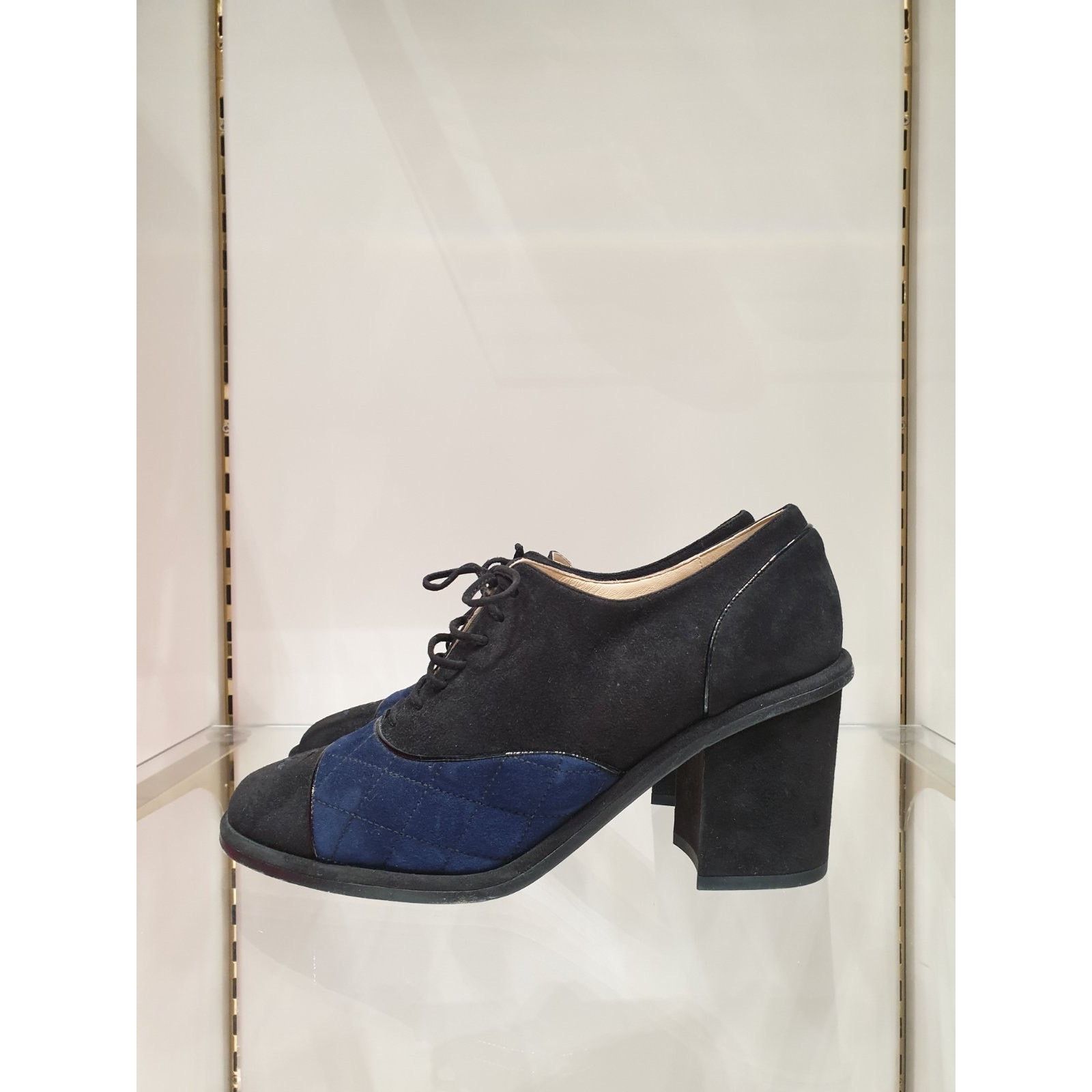 Chanel Chanel Blue Black Suede CC Block Heel Oxford Booties 38 Size US 7 / IT 37 - 1 Thumbnail