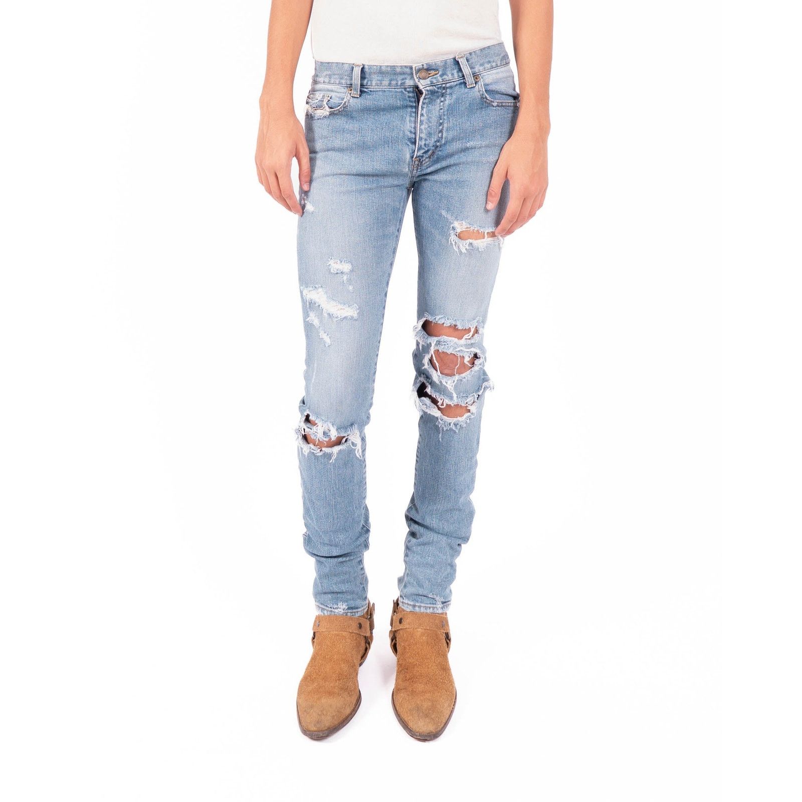 Saint Laurent Paris SS16 Skinny Distressed Jeans in Light Washed Denim Size US 30 / EU 46 - 1 Thumbnail