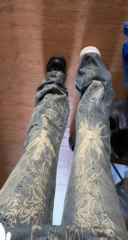 washed flared printed jeans
