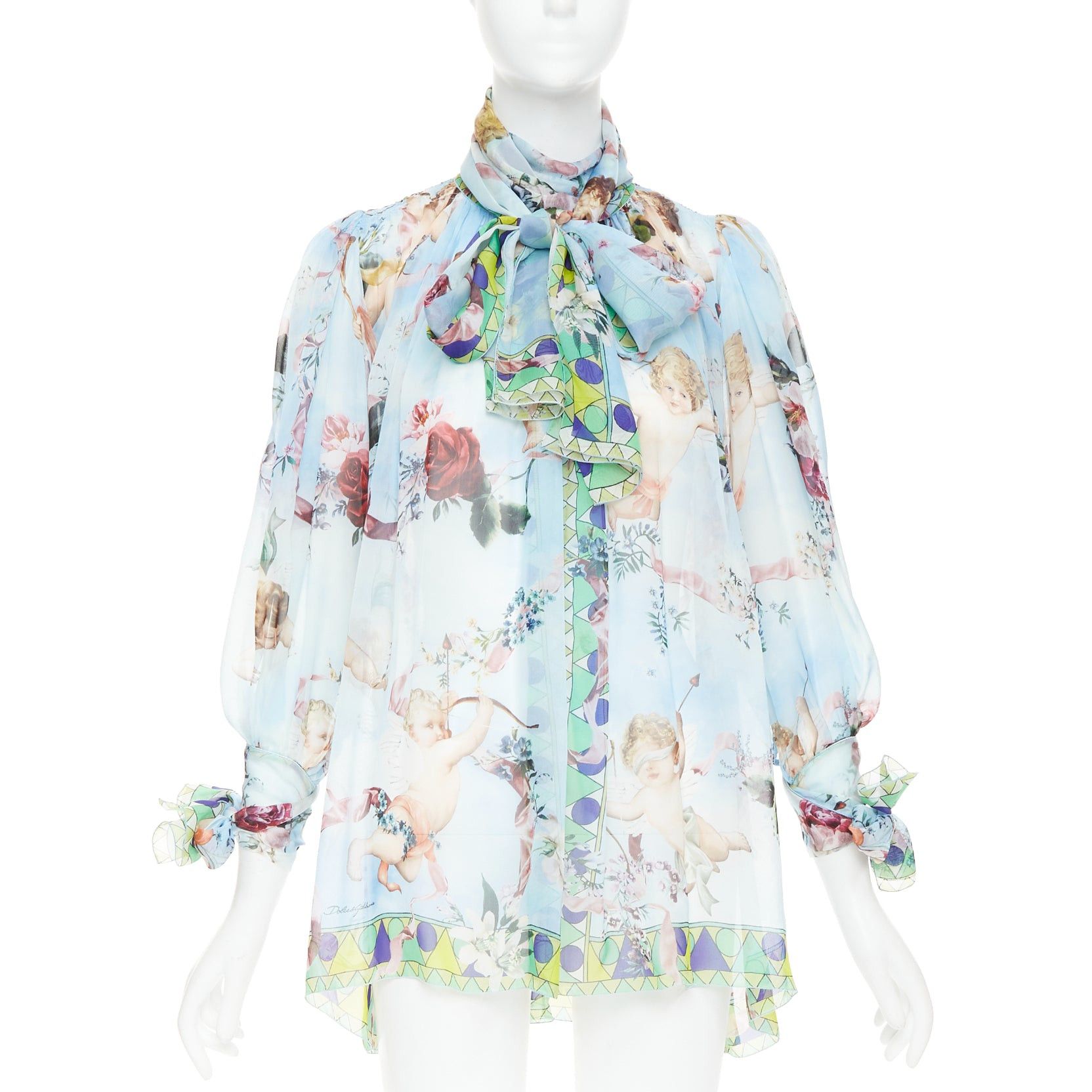Dolce & Gabbana DOLCE GABBANA 100% silk blue Cherub Cupids print pussybow sheer blouse IT40 S Size S / US 4 / IT 40 - 1 Thumbnail