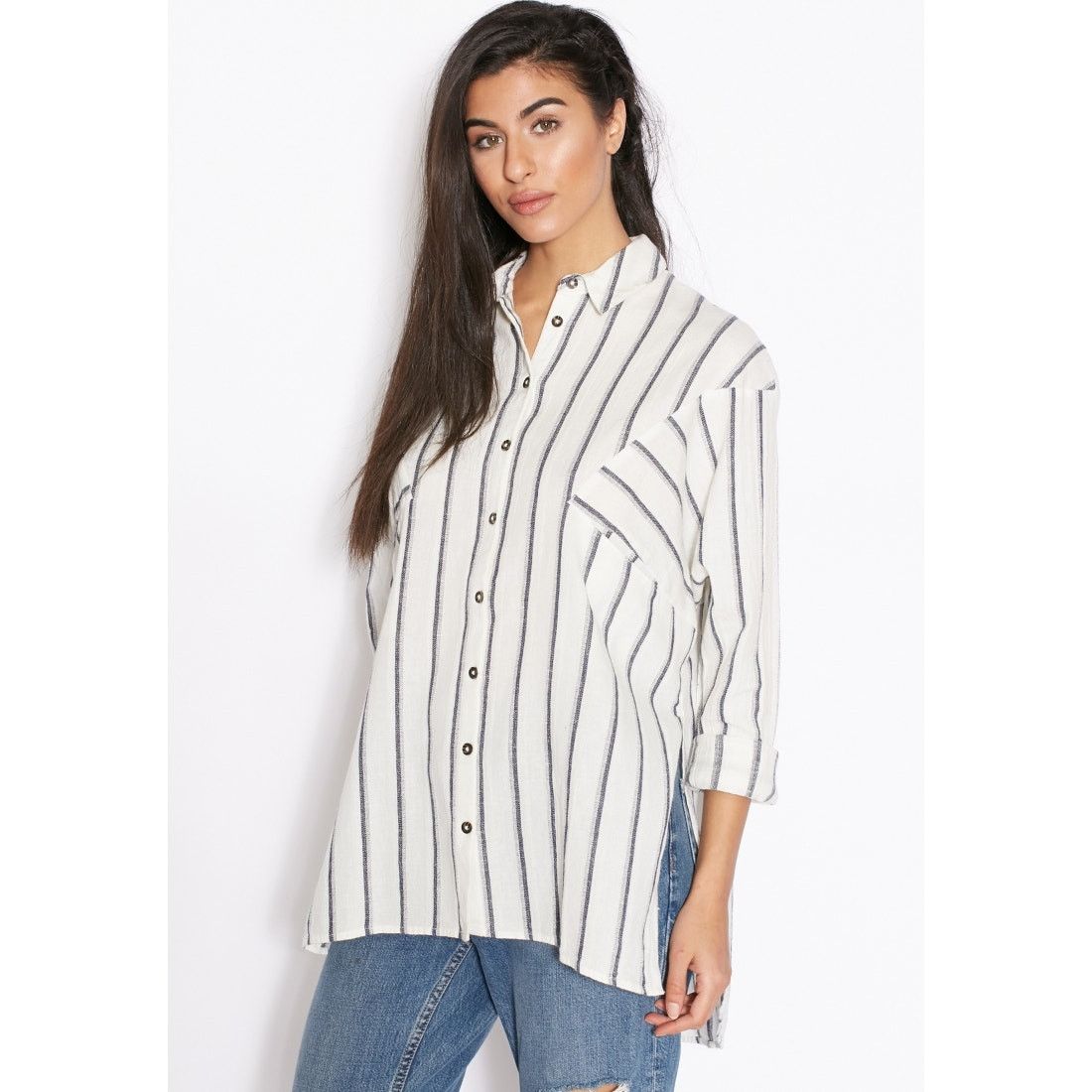 Topshop Topshop White Blue Striped Oversized Button Down Top US 4 Size S / US 4 / IT 40 - 1 Thumbnail
