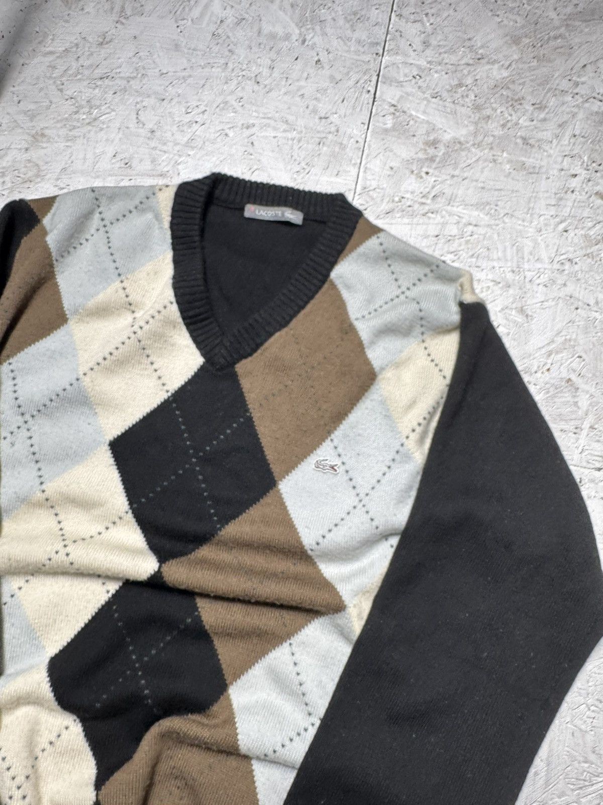 Lacoste × Vintage Vintage Lacoste Grandpa Black Blue Brown Cardigan Rhombuses Size US L / EU 52-54 / 3 - 6 Thumbnail