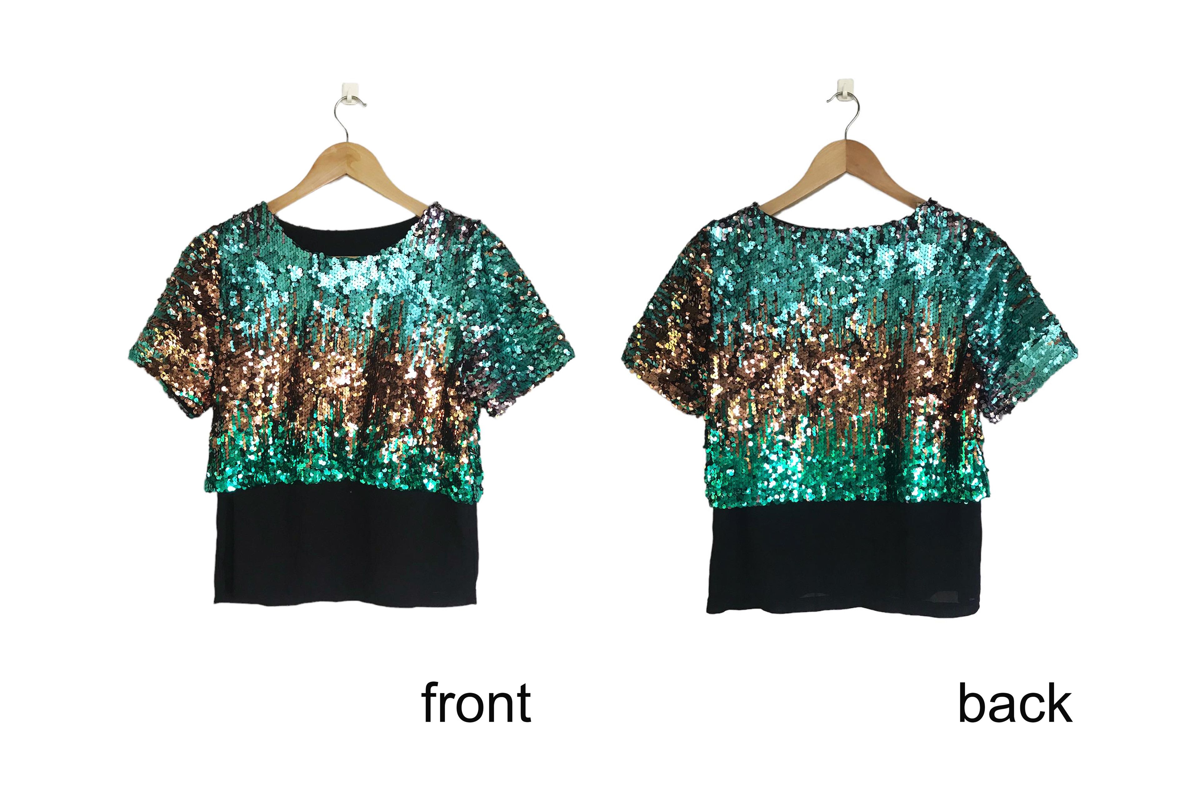 Vintage Green and Bronze sequin Blouse, sheer chiffon layered Size M / US 6-8 / IT 42-44 - 2 Thumbnail