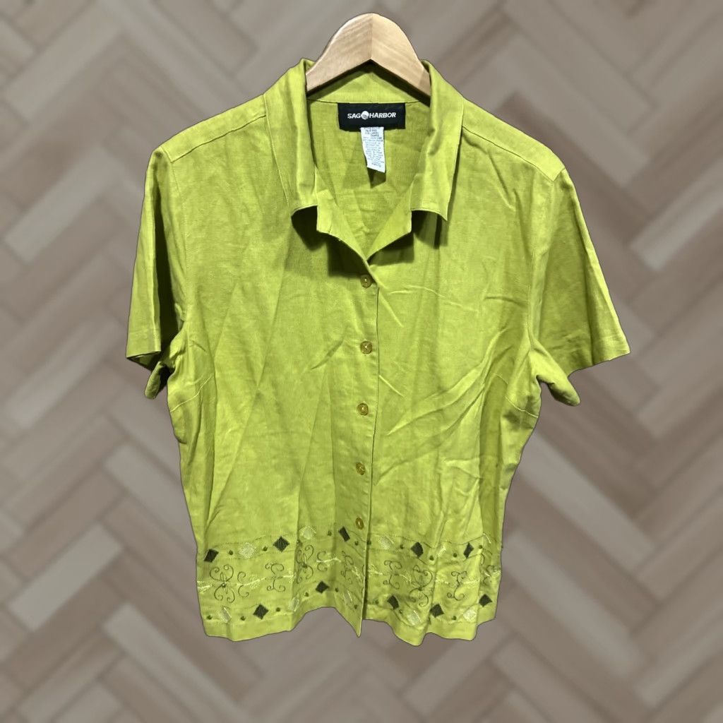 Vintage Sag Harbor Shirt Womens Short Sleeve Button Front Linen Rayon Green Embroidered Blouse L Size L / US 10 / IT 46 - 1 Thumbnail