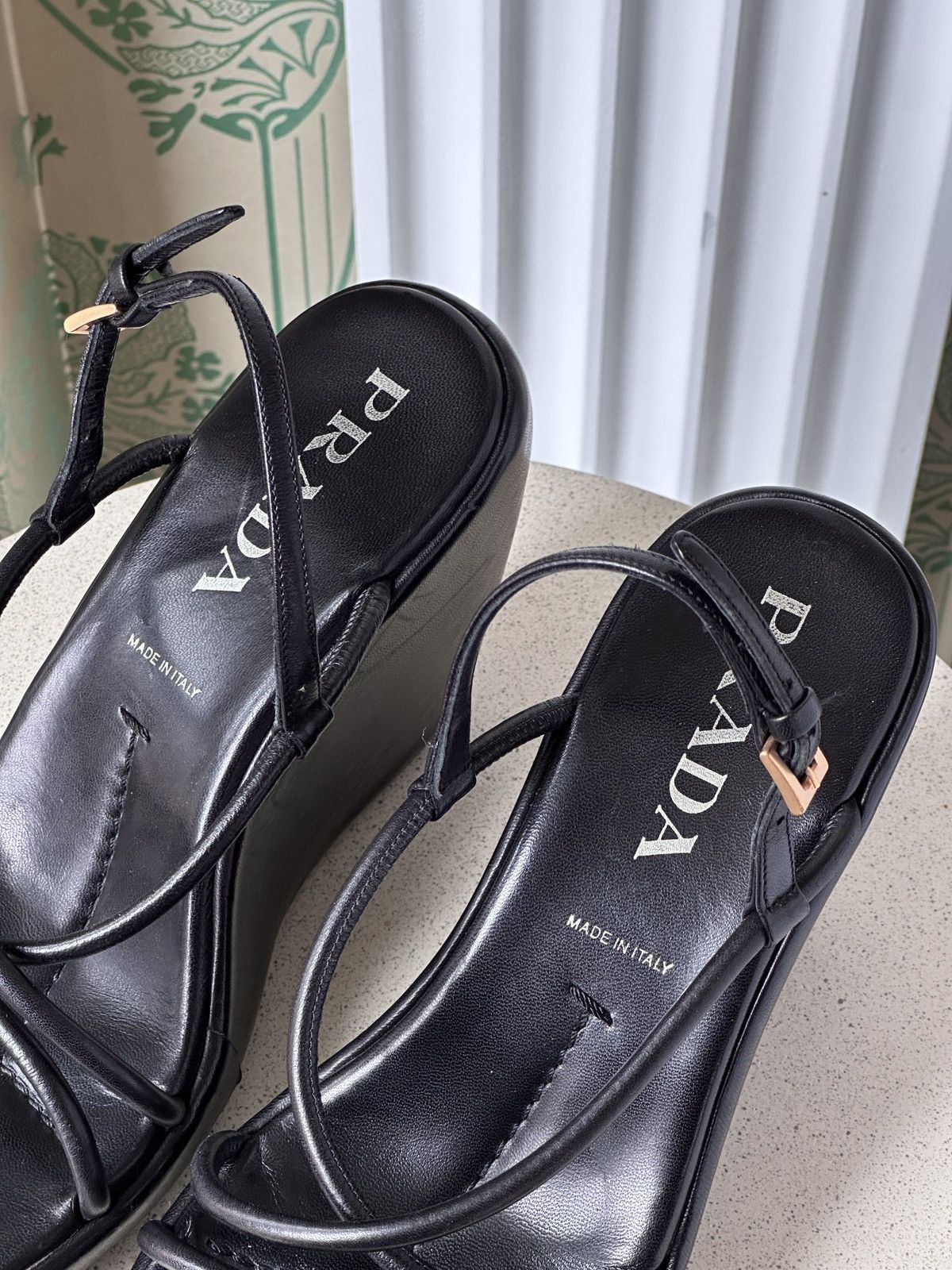 Prada Prada Black Leather Wedge Heel Platform Strap Sandals 38 Size US 8 / IT 38 - 5 Thumbnail