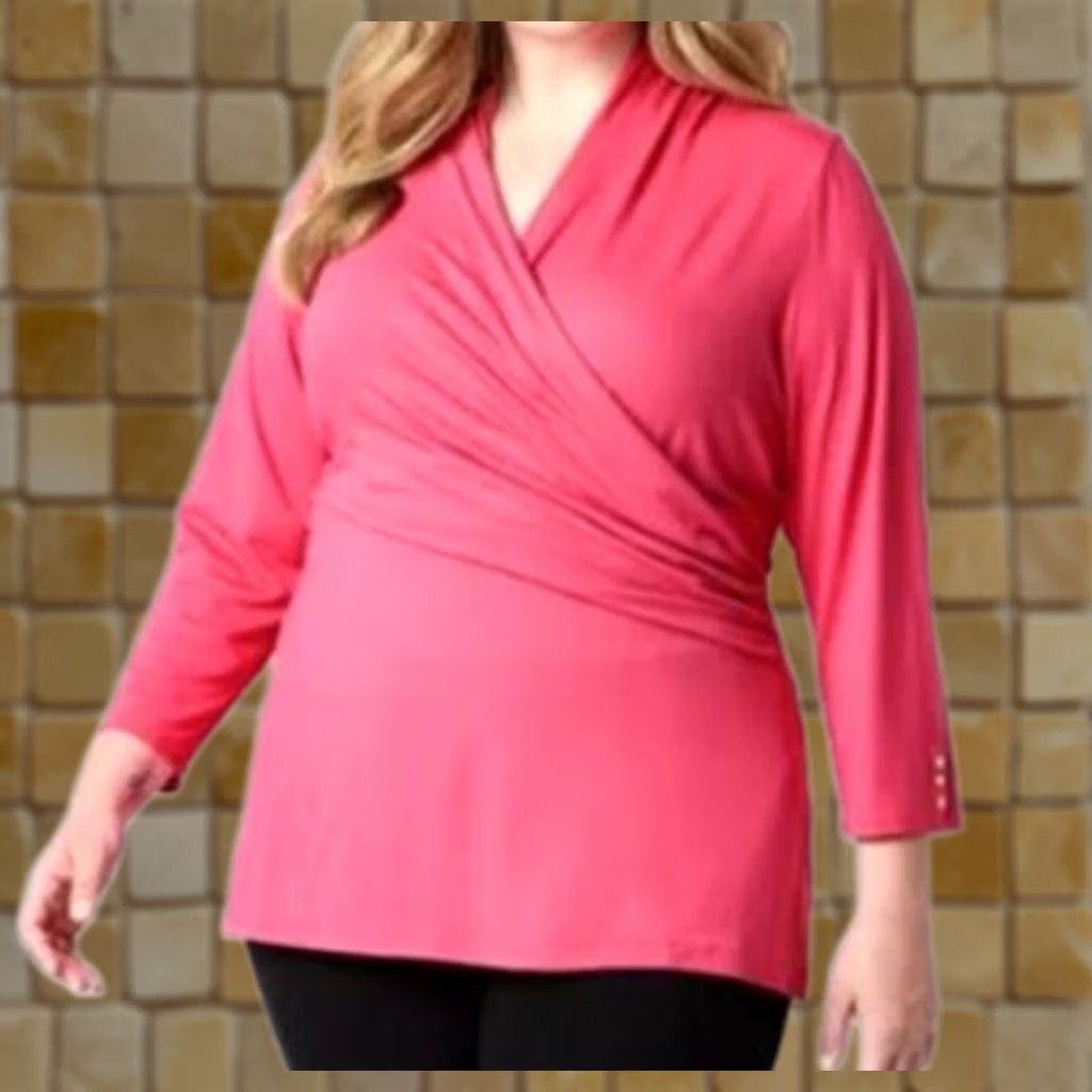 Liz Claiborne VINTAGE New Womens Plus Size Liz Claiborne V Neck 3/4 Sleeve Wrap Shirt Pink Carmine 3X Size XXL / US 16-18 / IT 52-54 - 1 Preview