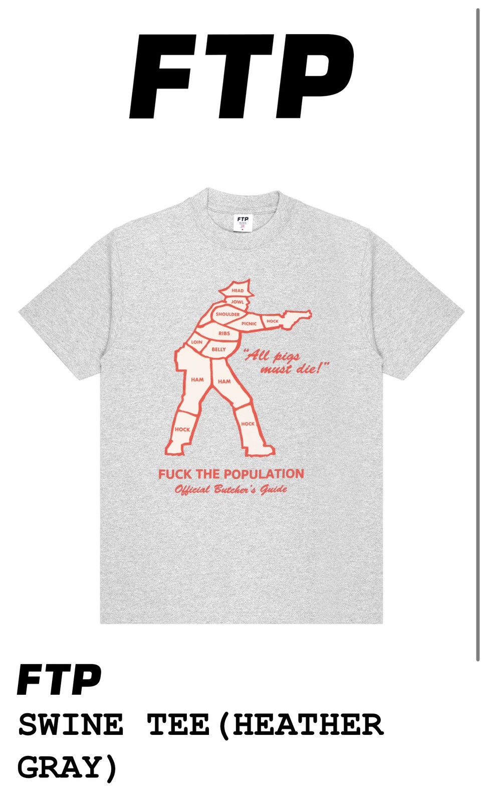 Fuck The Population FTP swine tee Heather Gray L Size US L / EU 52-54 / 3 - 3 Thumbnail