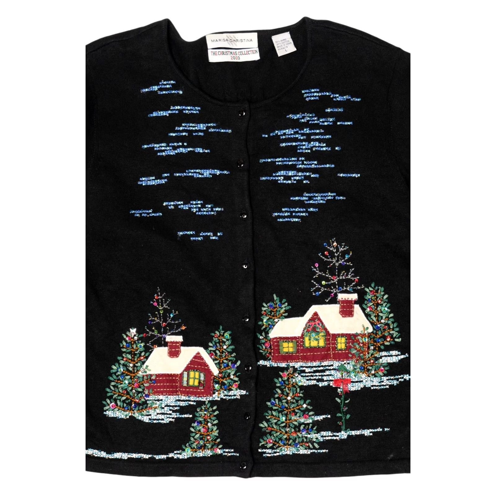 Vintage VINTAGE Marisa Christina Cardigan Women's Cross Stitch Landscape Ugly Christmas 2000s Black Large Ramie Cotton 2003 Mens? Size ONE SIZE - 5 Thumbnail
