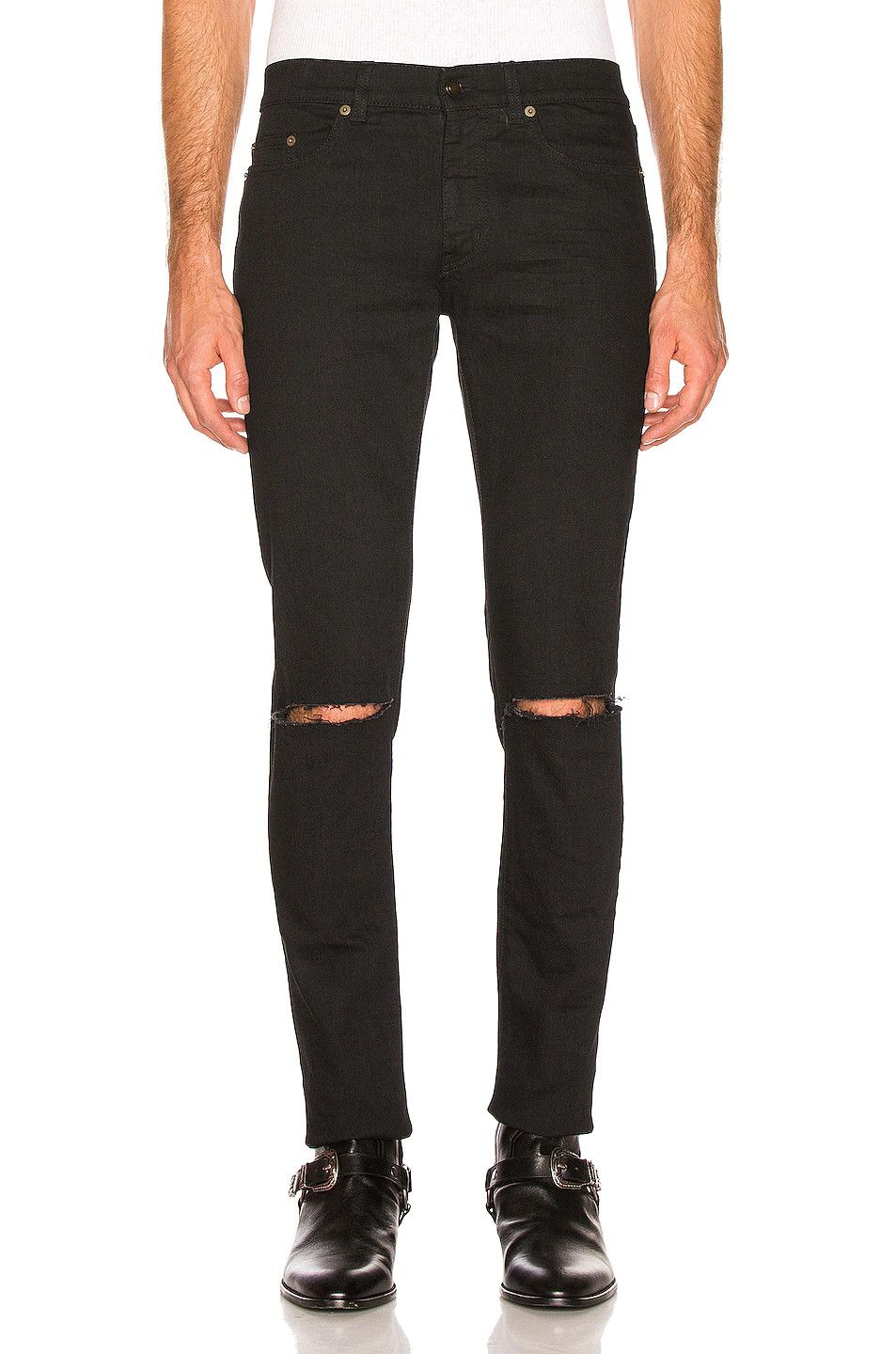 image of Saint Laurent Paris D02 Black Knee Ripped Skinny Jeans, Men's (Size 30)