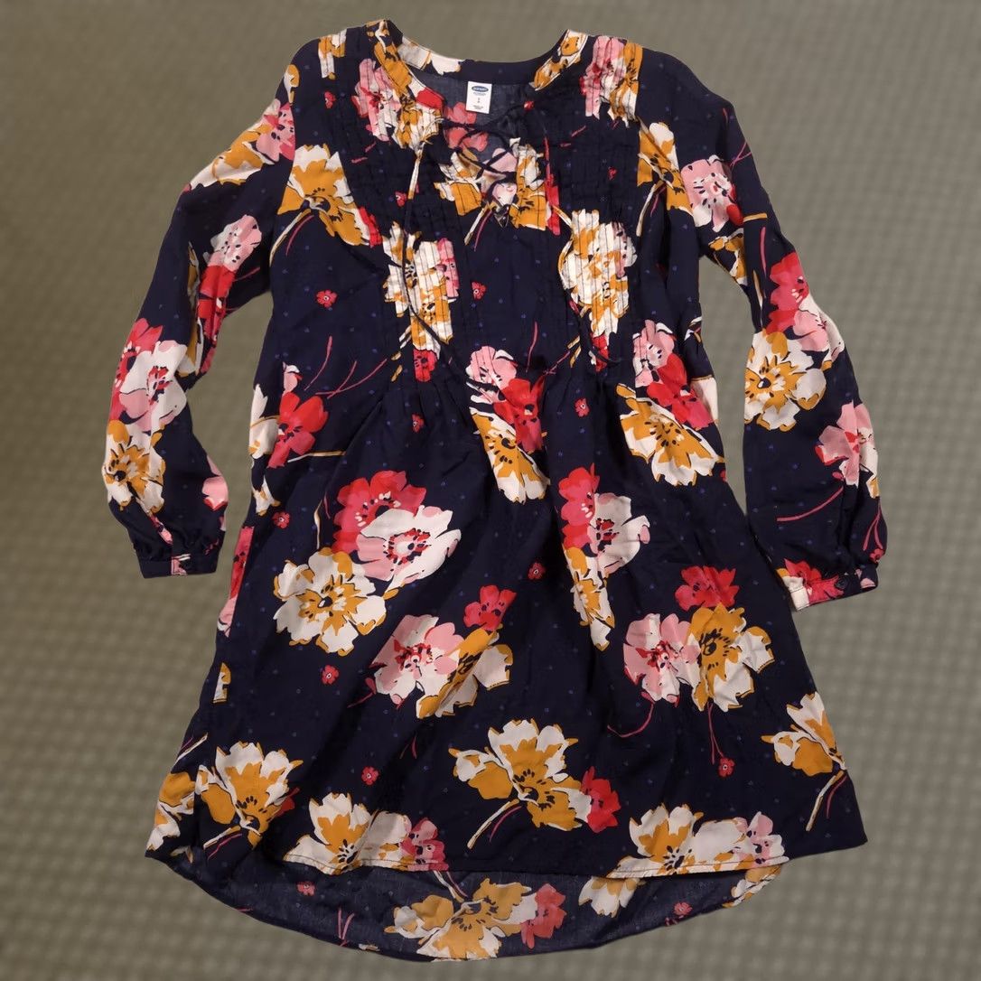 Old Navy VINTAGE Old Navy Dress Womens Small Navy Floral Boho Long Sleeve Pleated Shift Tunic Size S / US 4 / IT 40 - 1 Thumbnail