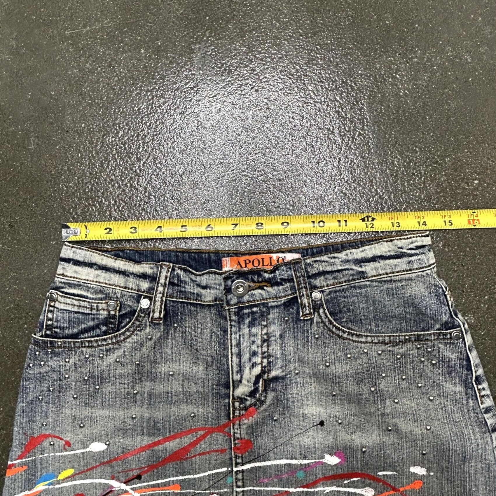 Denime Apollo Jeans Skirt Womens Medium Denim Mini Paint Splatter Studded Art Size 32" / US 10 / IT 46 - 5 Thumbnail