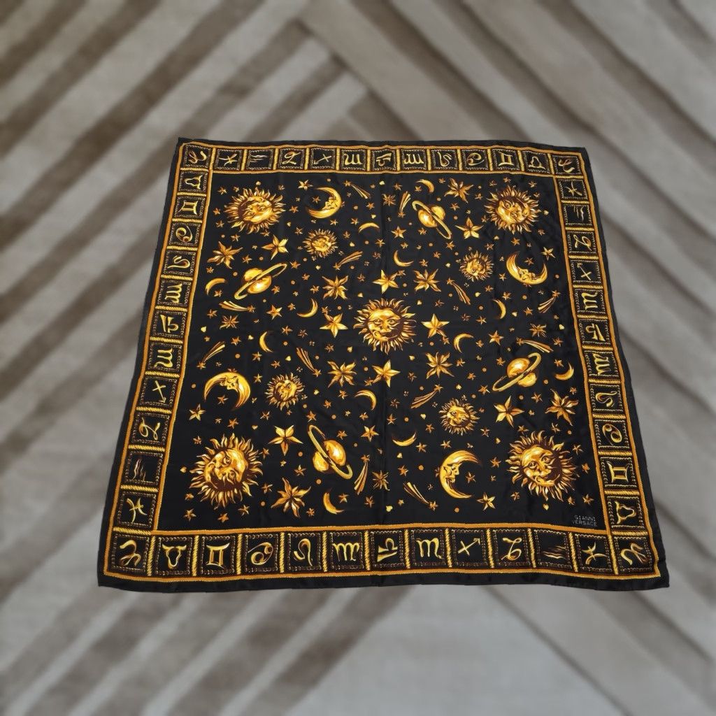 Versace VINTAGE Versace Zodiac Silk Sun Moon Stars Black Sole France Horoscope Women Scarve Silk 100% Black Zodiac Horoscope France Women Size ONE SIZE - 1 Thumbnail