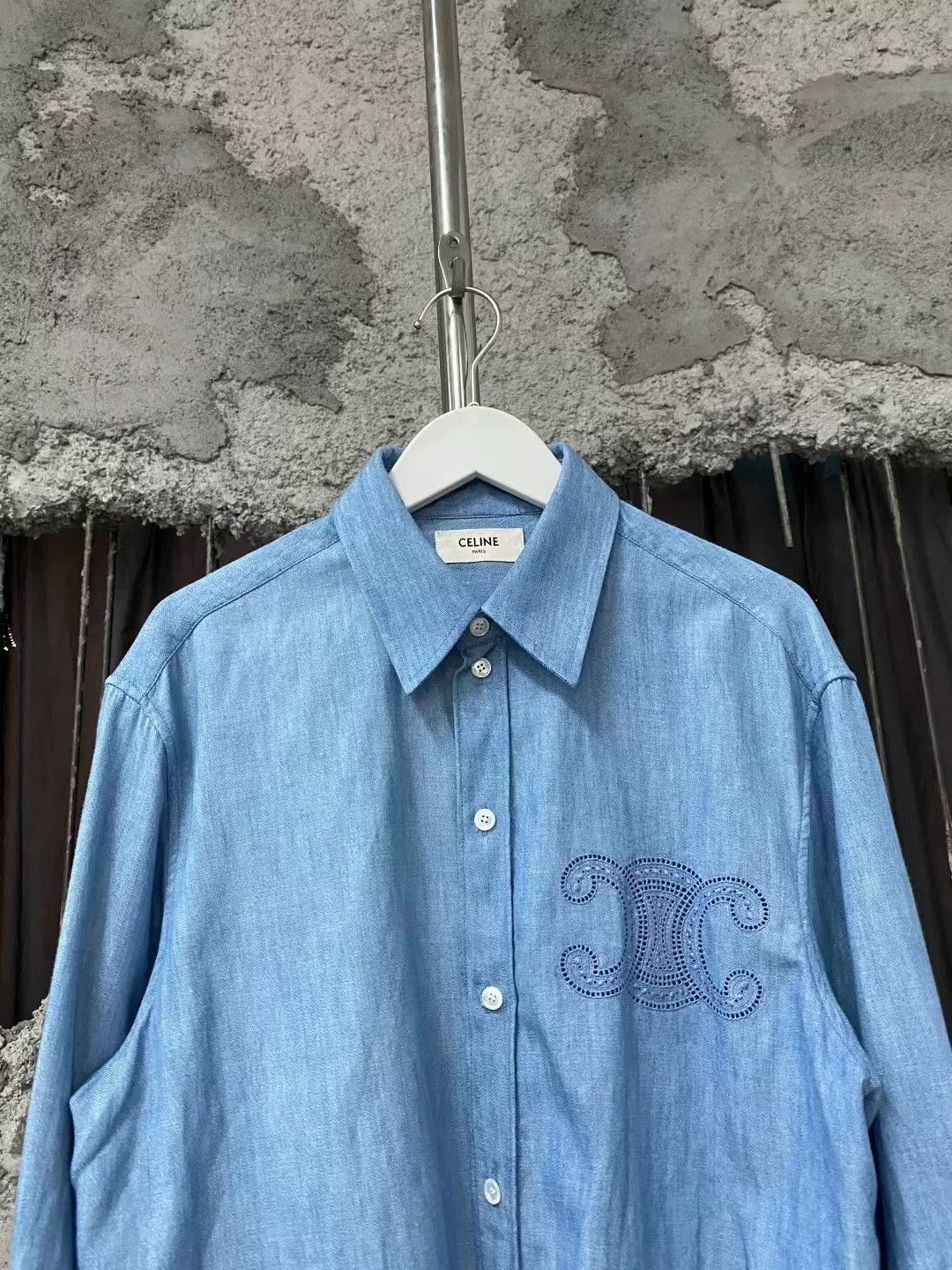 Celine Celine Blue Embroidered Triomphe Denim Shirt Size US 26 / EU 42 - 3 Thumbnail