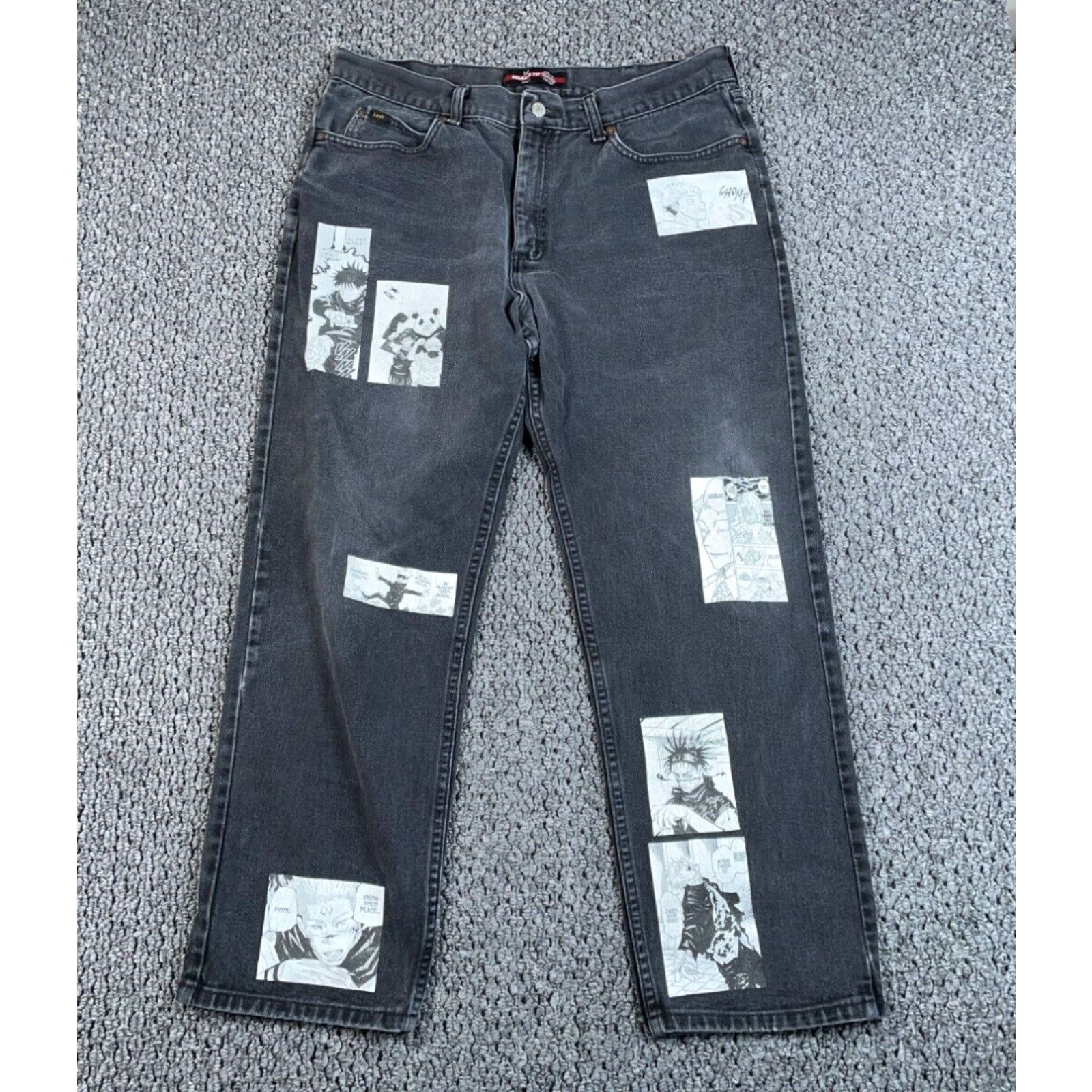 image of Jujutsu Kaisen Comic Panel Print Jeans Men's 35 X 29 Black Relaxed Fit Denim in White