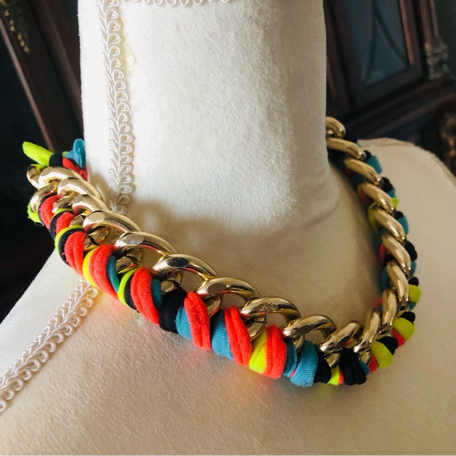 Handmade Hand crafted colorful ribbon braided gold chain necklace Size ONE SIZE - 3 Thumbnail