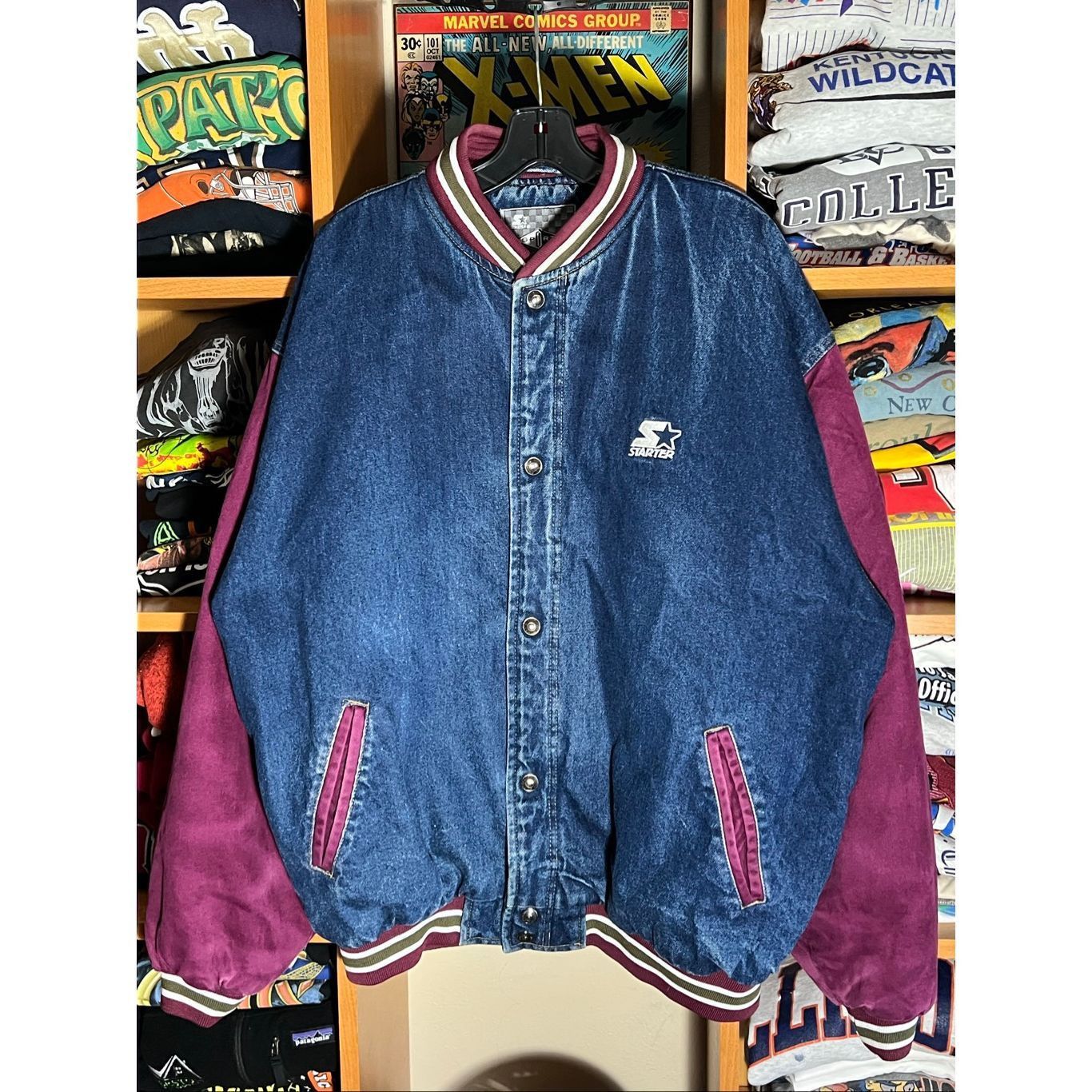 Starter Vintage 90s RARE Starter Denim Quilt Lined Bomber Jacket Size US XL / EU 56 / 4 - 1 Thumbnail