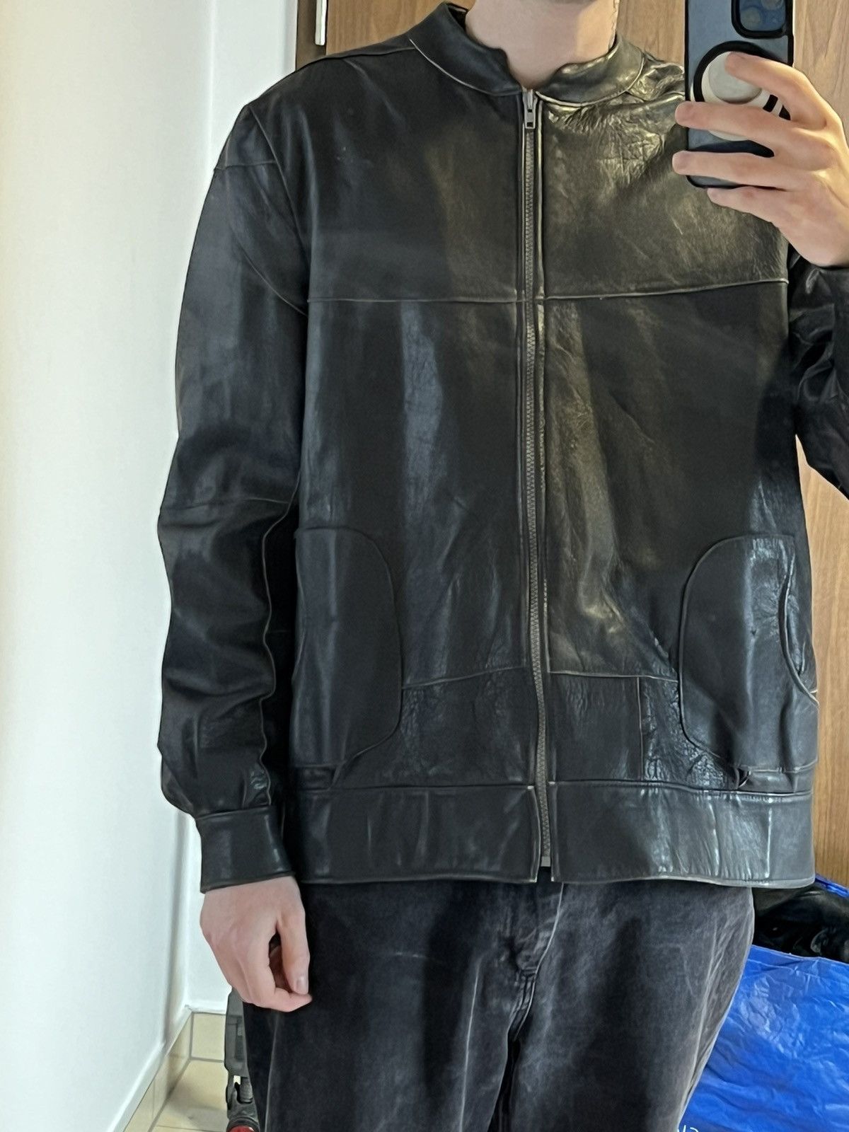 Japanese Brand × Vintage ➕ vintage gray submariner style 80s sick fit leather jacket Size US M / EU 48-50 / 2 - 3 Thumbnail