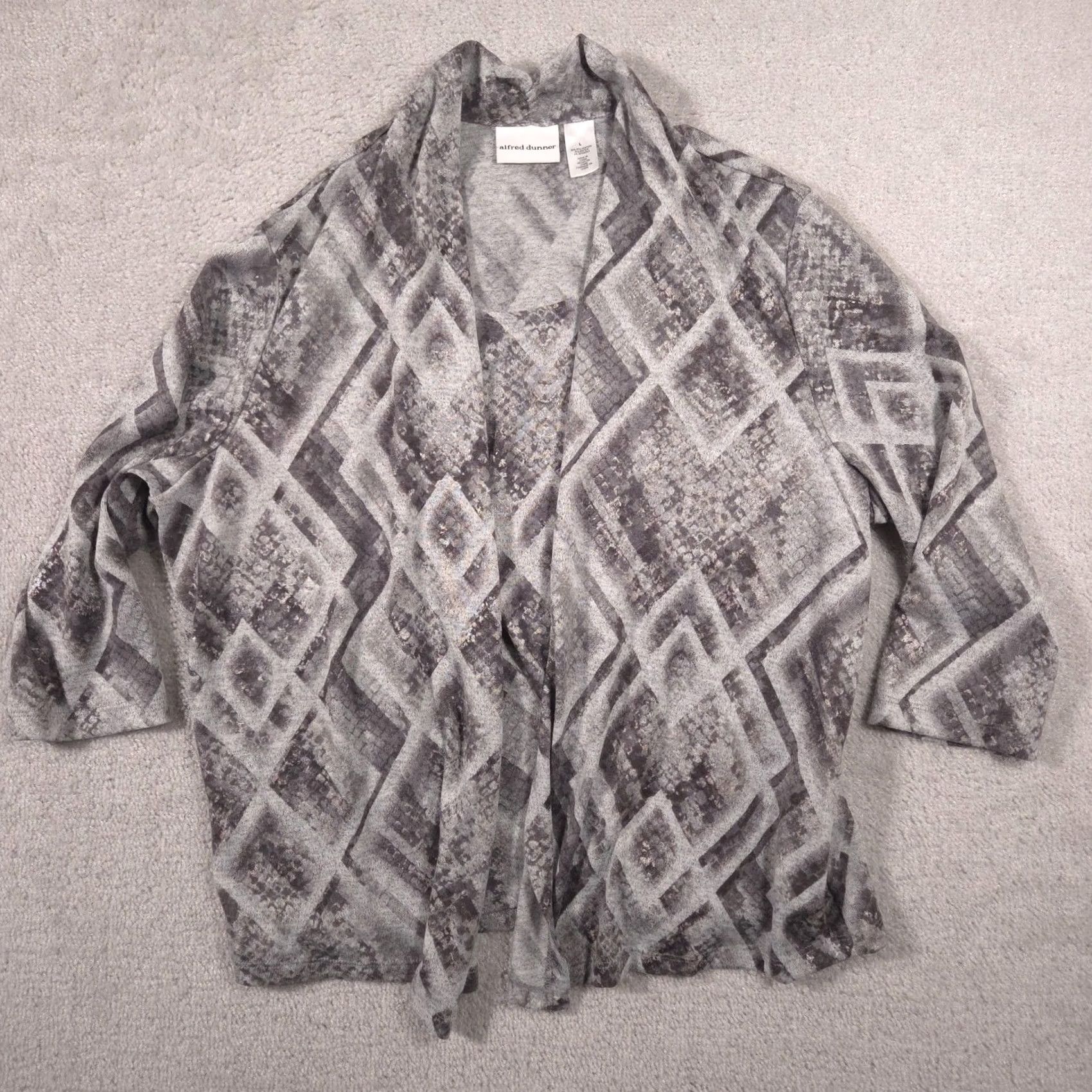 Vintage Alfred Dunner Cardigan Sweater Womens L Gray Geometric Open Front Knit V-Neck 3/4 Sleeve Casual Fall Size L / US 10 / IT 46 - 2 Thumbnail