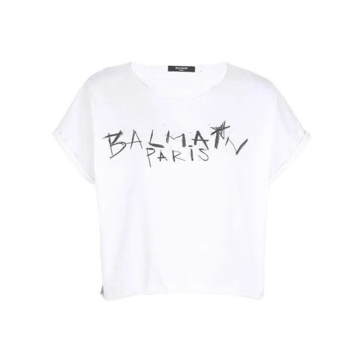 Balmain Balmain White Logo Print Short Sleeve T-Shirt -2507 Size S / US 4 / IT 40 - 1 Thumbnail