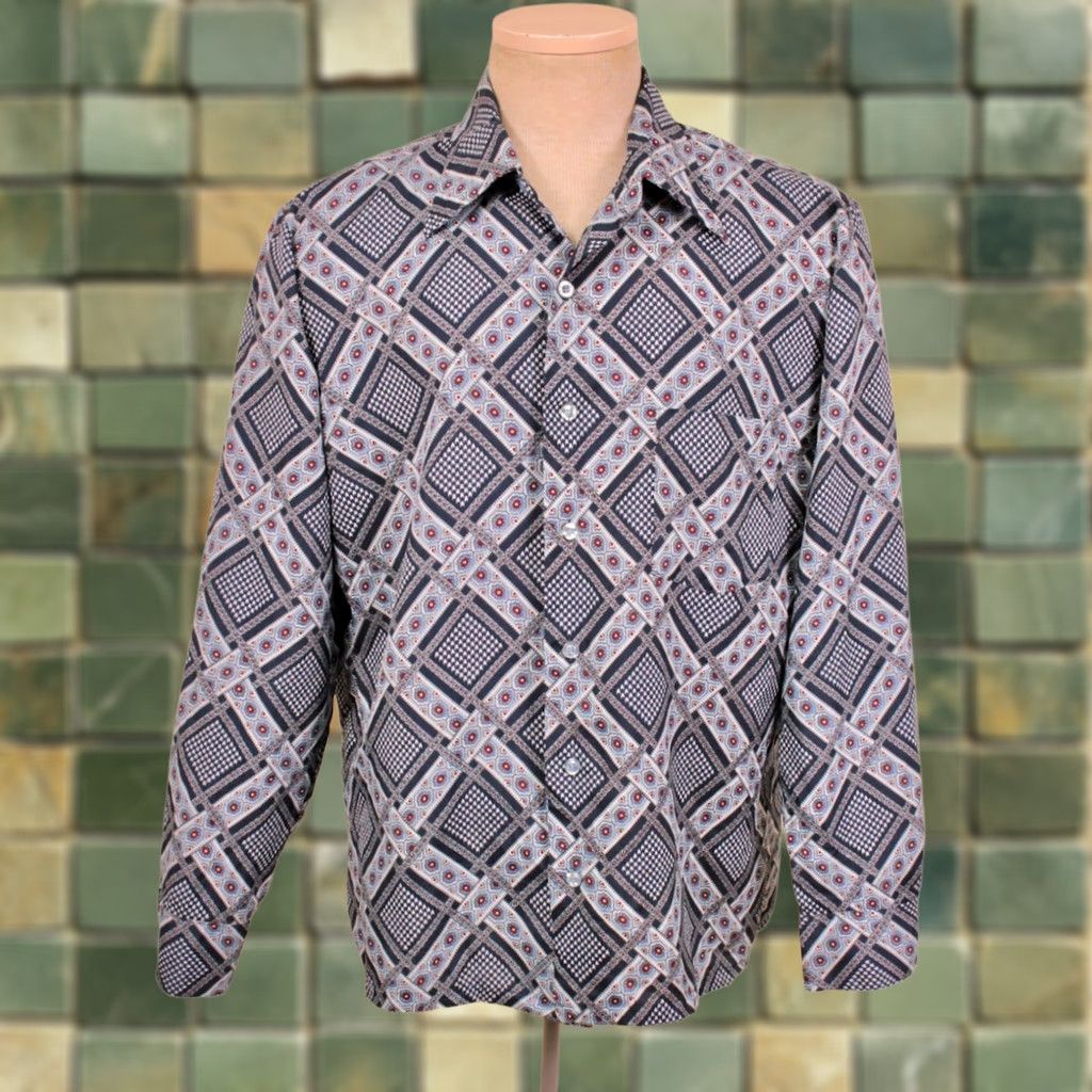 JCPenney JC Penney 70s Polyester Shirt Blue Geometric Print Men's L Vintage Diso Shirt Size US L / EU 52-54 / 3 - 1 Thumbnail